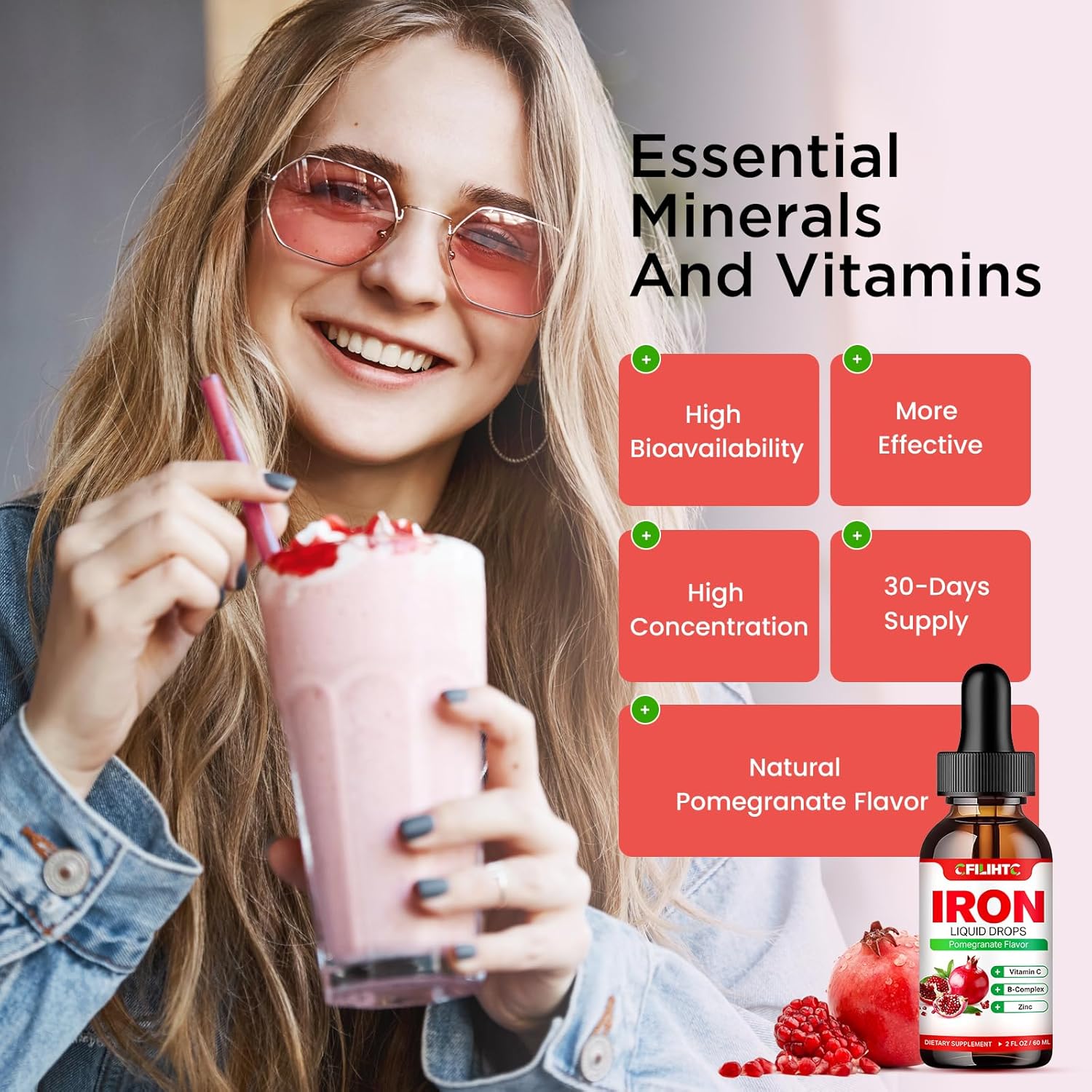 Natural Pomegranate Liquid Iron Supplement with Multivitamins for Anemia & Energy - Vegan Formula for Women, Men, & Kids - 2 Fl Oz