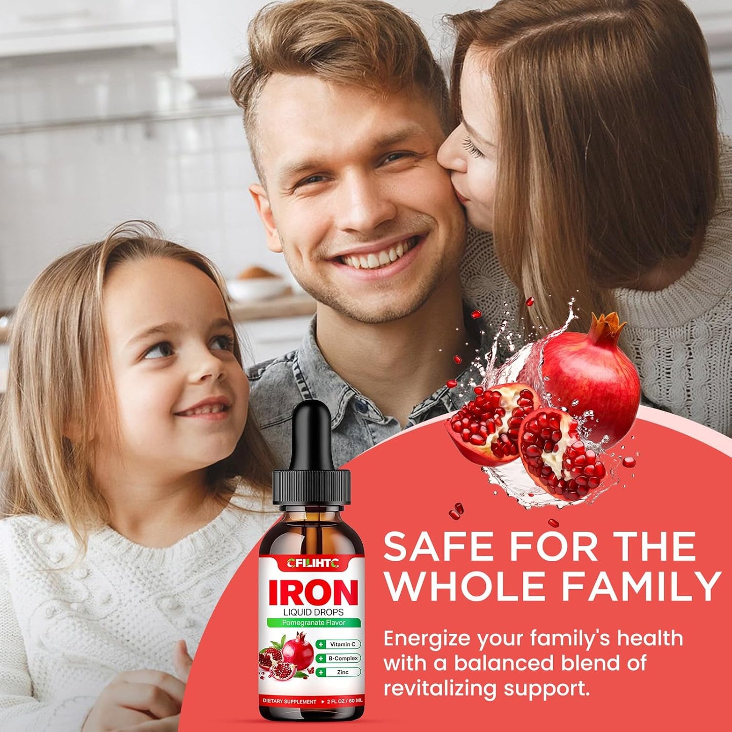Natural Pomegranate Liquid Iron Supplement with Multivitamins for Anemia & Energy - Vegan Formula for Women, Men, & Kids - 2 Fl Oz