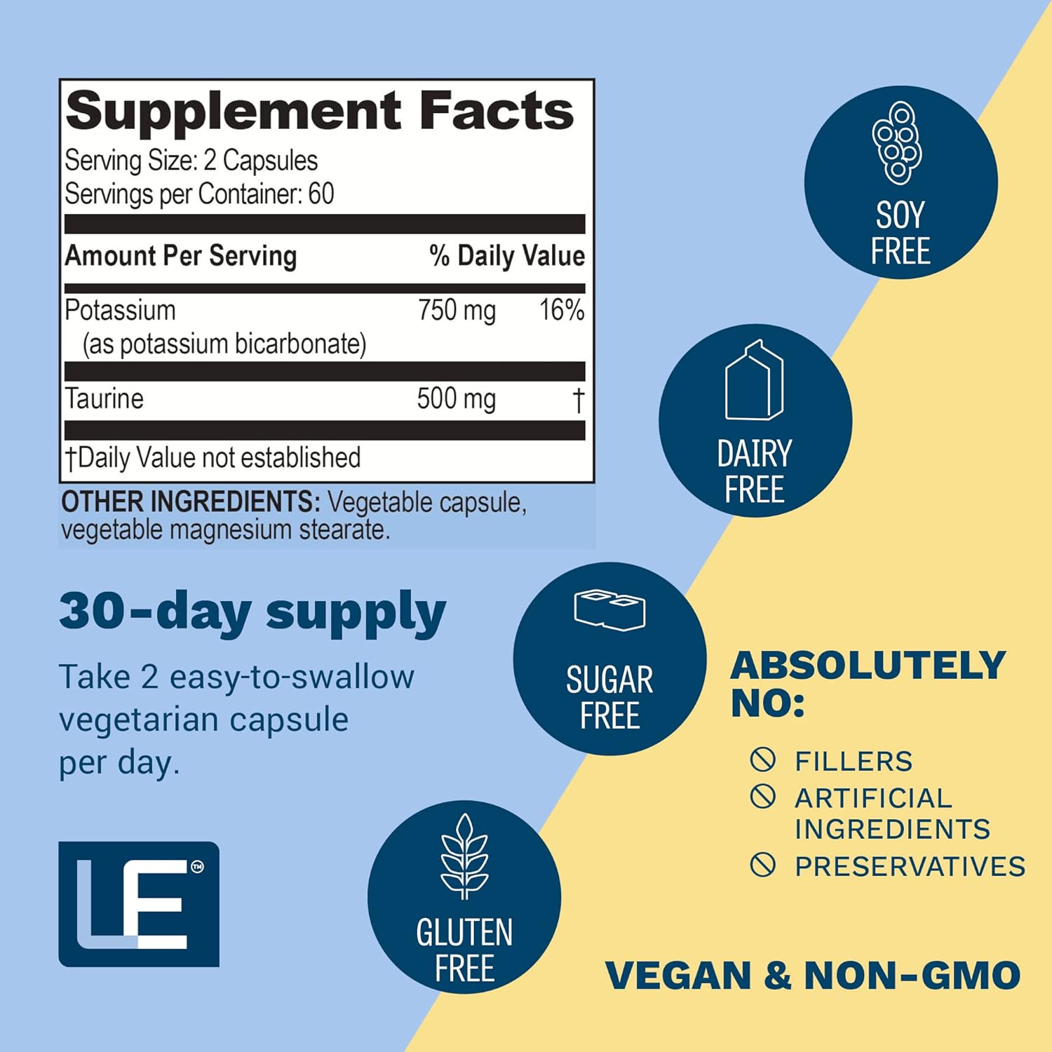 Natural Potassium & Taurine Supplement 750mg - Cardio Support - 120 Capsules