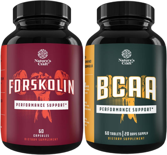 Natural Pre Workout Bundle: Forskolin Supplement & BCAA Capsules for Energy Boost & Muscle Recovery - Vegan Fitness Supplements