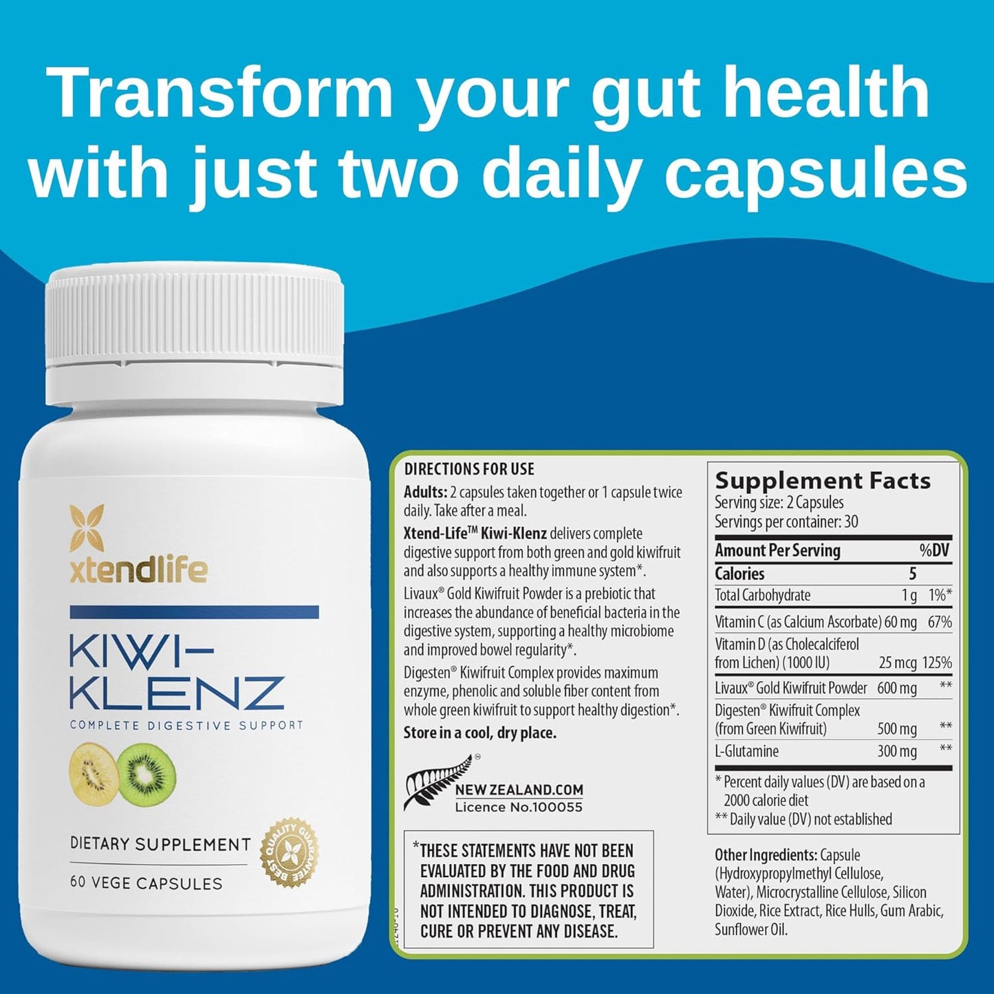 Natural Prebiotic Enzyme Supplement for Digestive Support - Xtendlife Kiwi-Klenz for Gut Health - Relieves Bloating, Gas, Indigestion - 30 Day Supply
