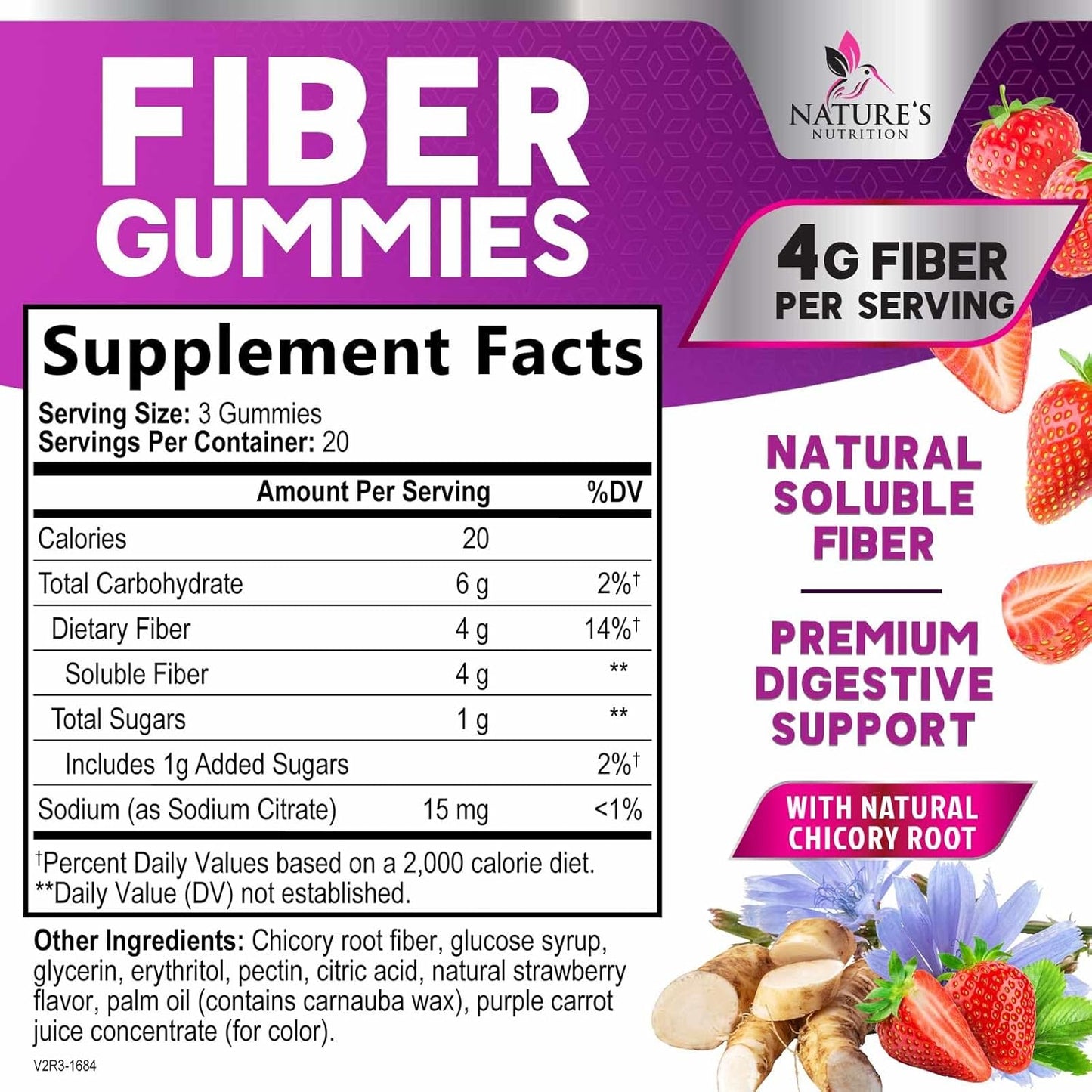 Natural Prebiotic Fiber Gummies for Digestive Health & Regularity Support - 60 Count