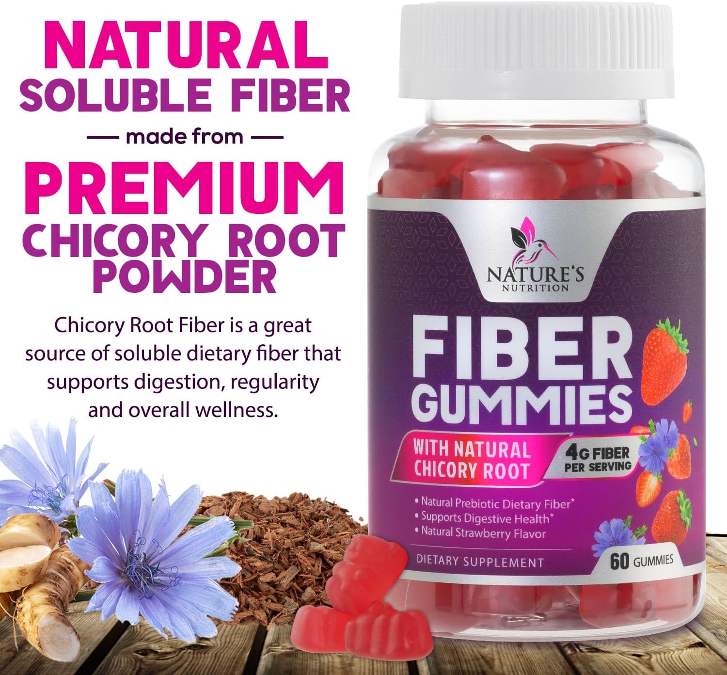 Natural Prebiotic Fiber Gummies for Digestive Health & Regularity Support - 60 Count