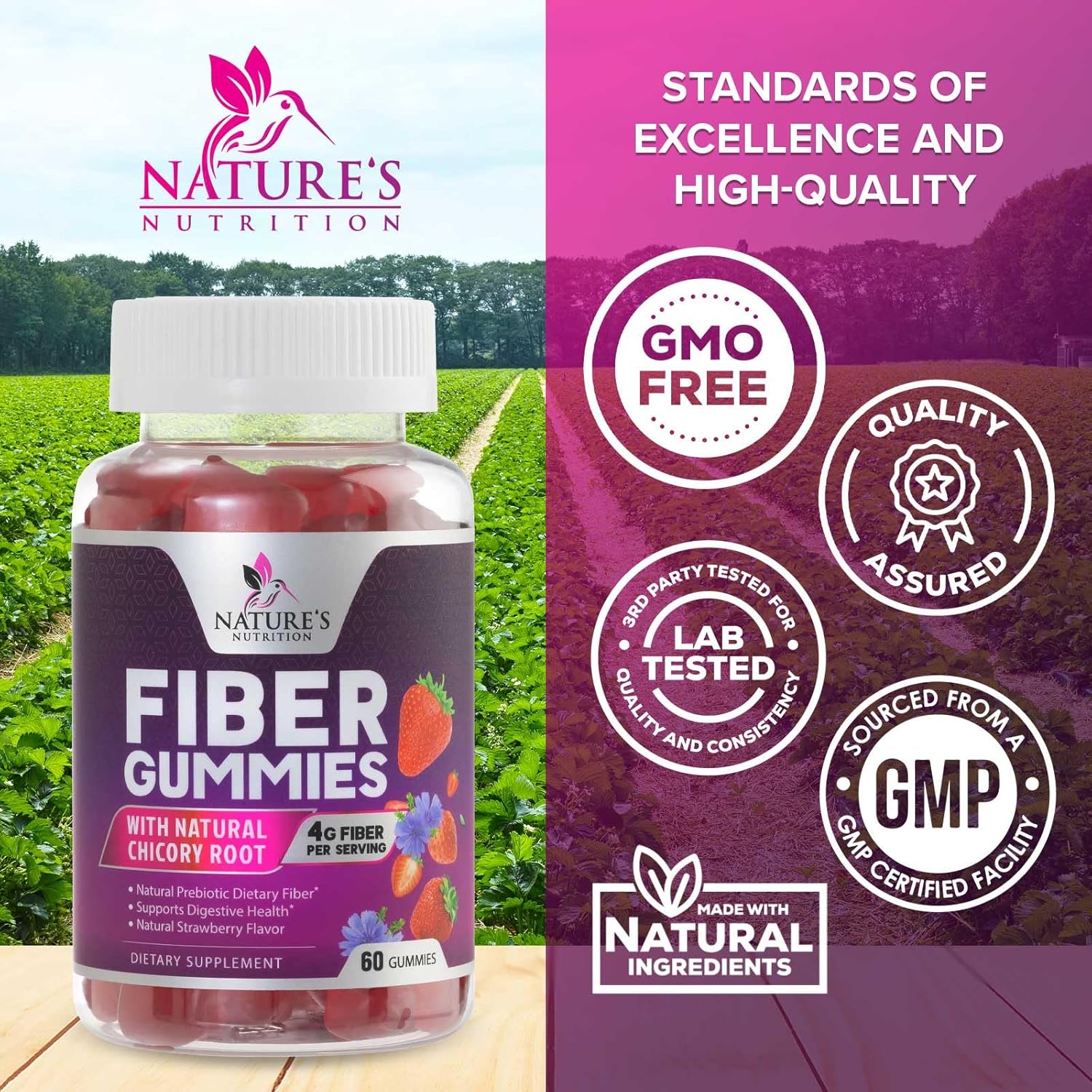 Natural Prebiotic Fiber Gummies for Digestive Health & Regularity Support - 60 Count