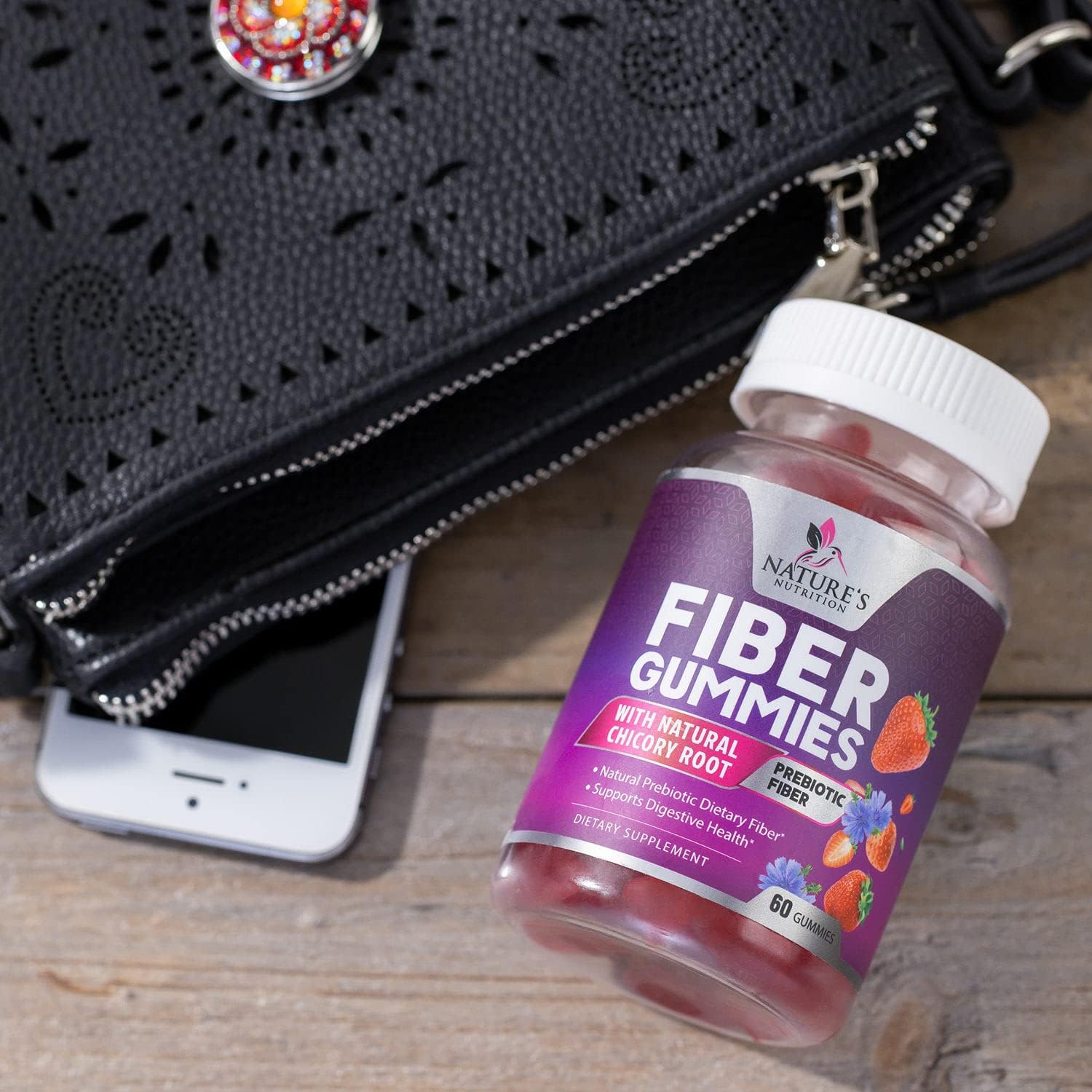 Natural Prebiotic Fiber Gummies for Digestive Health & Regularity Support - 60 Count