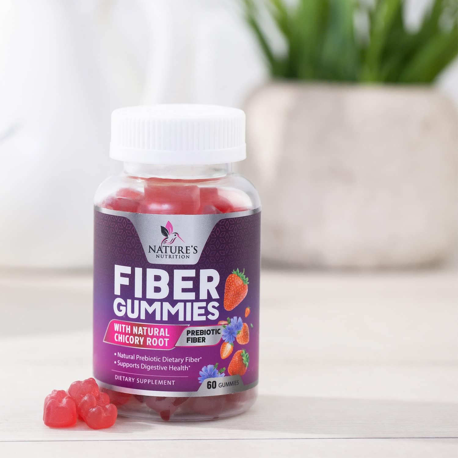 Natural Prebiotic Fiber Gummies for Digestive Health & Regularity Support - 60 Count