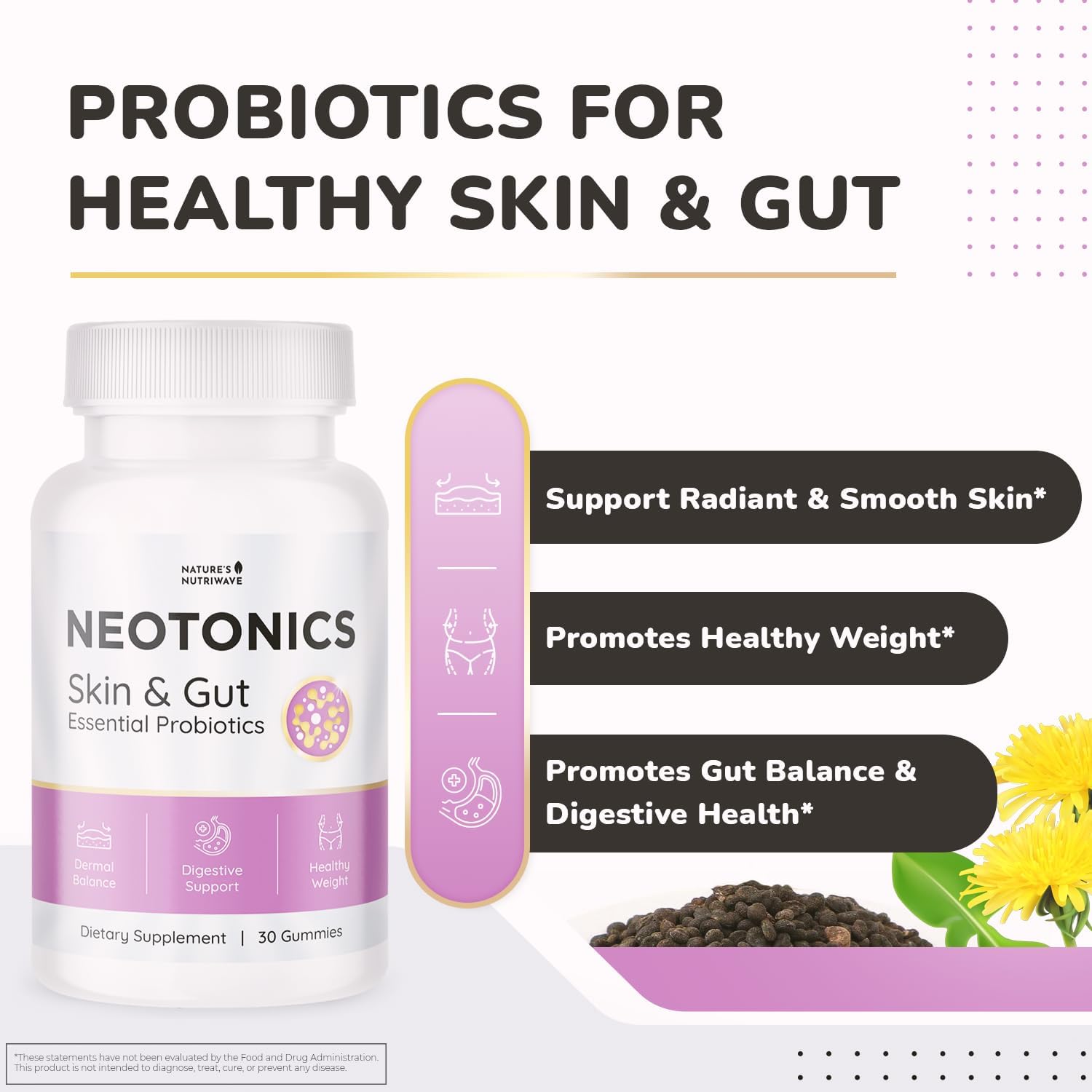 Natural Probiotic Gummies for Skin & Gut Health - Chewable Daily Probiotics for Men & Women - Apple Flavor, 30 Gummies