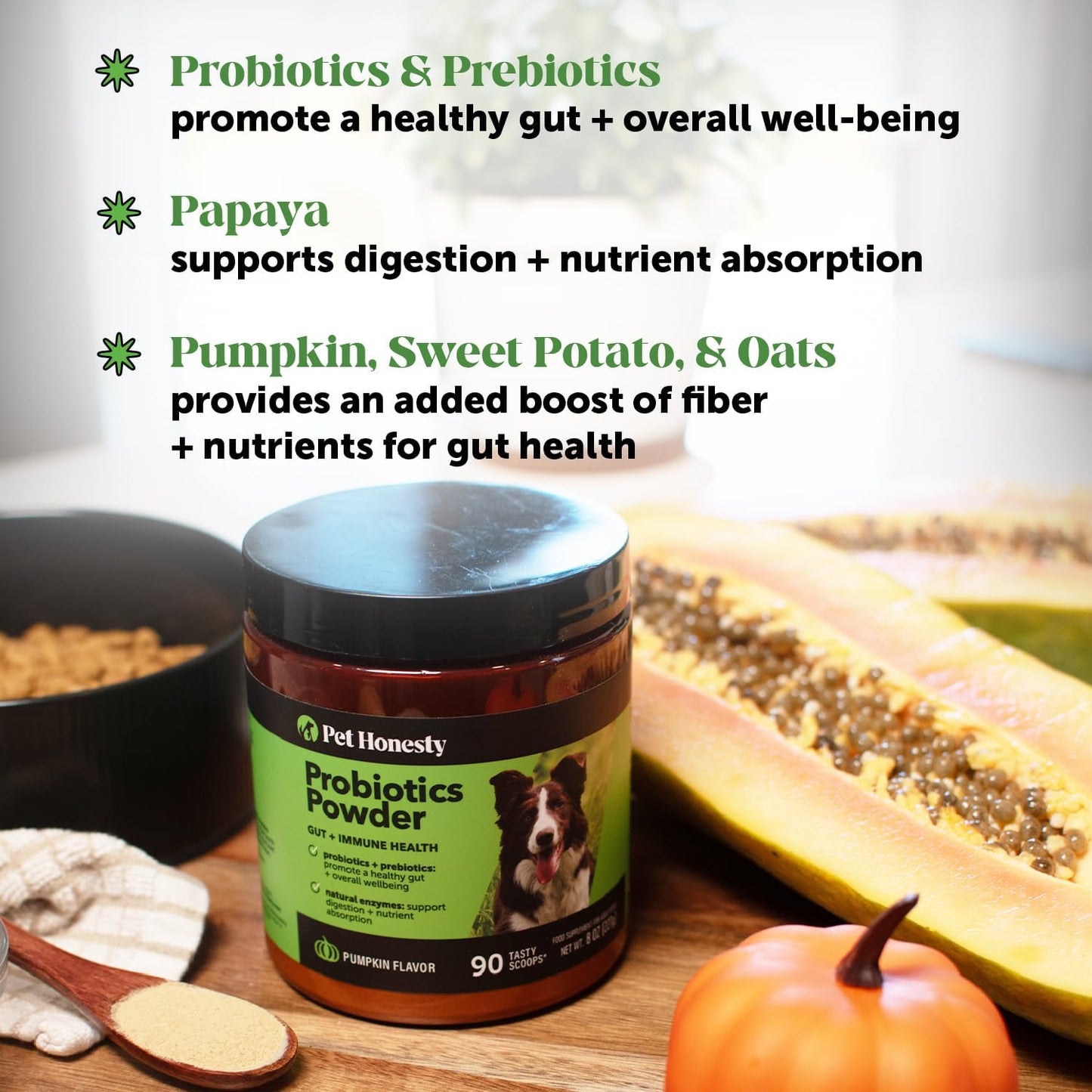 Natural Probiotic & Pumpkin Powder Supplement for Dogs - Supports Healthy Gut Flora, Digestion & Immunity - With Prebiotics, Probiotics, Enzymes, Antioxidants - 90 Scoops