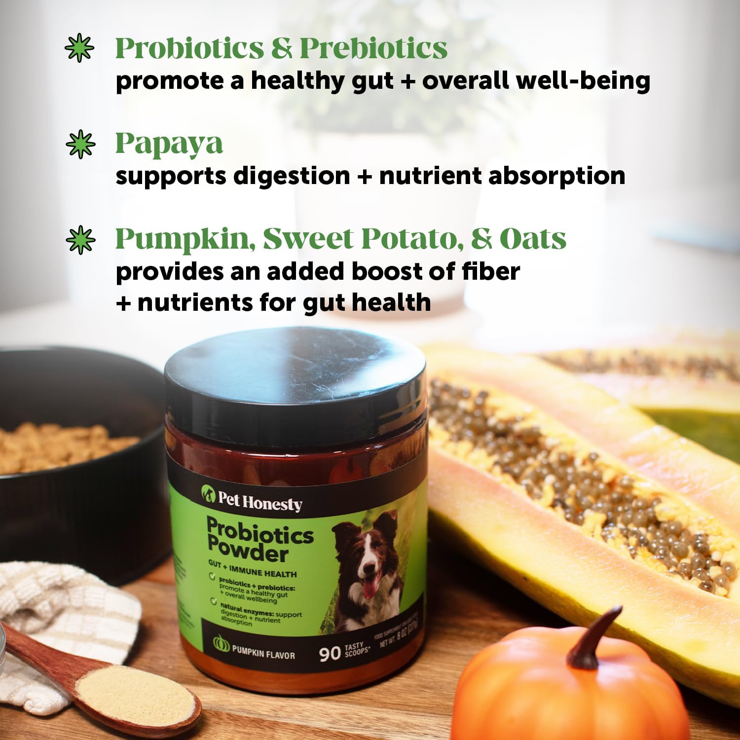 Natural Probiotic & Pumpkin Powder Supplement for Dogs - Supports Healthy Gut Flora, Digestion & Immunity - With Prebiotics, Probiotics, Enzymes, Antioxidants - 90 Scoops