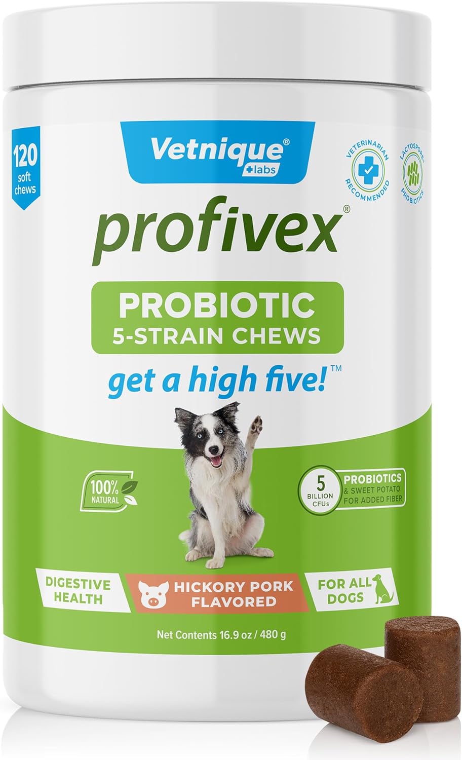 Natural Probiotic Supplements for Dogs - Vetnique Labs Profivex Probiotics with 5 Strains & Prebiotics - Digestive Health Chews & Powder (120ct)