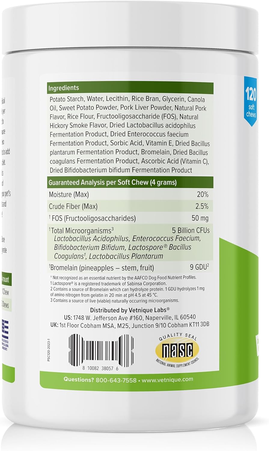 Natural Probiotic Supplements for Dogs - Vetnique Labs Profivex Probiotics with 5 Strains & Prebiotics - Digestive Health Chews & Powder (120ct)
