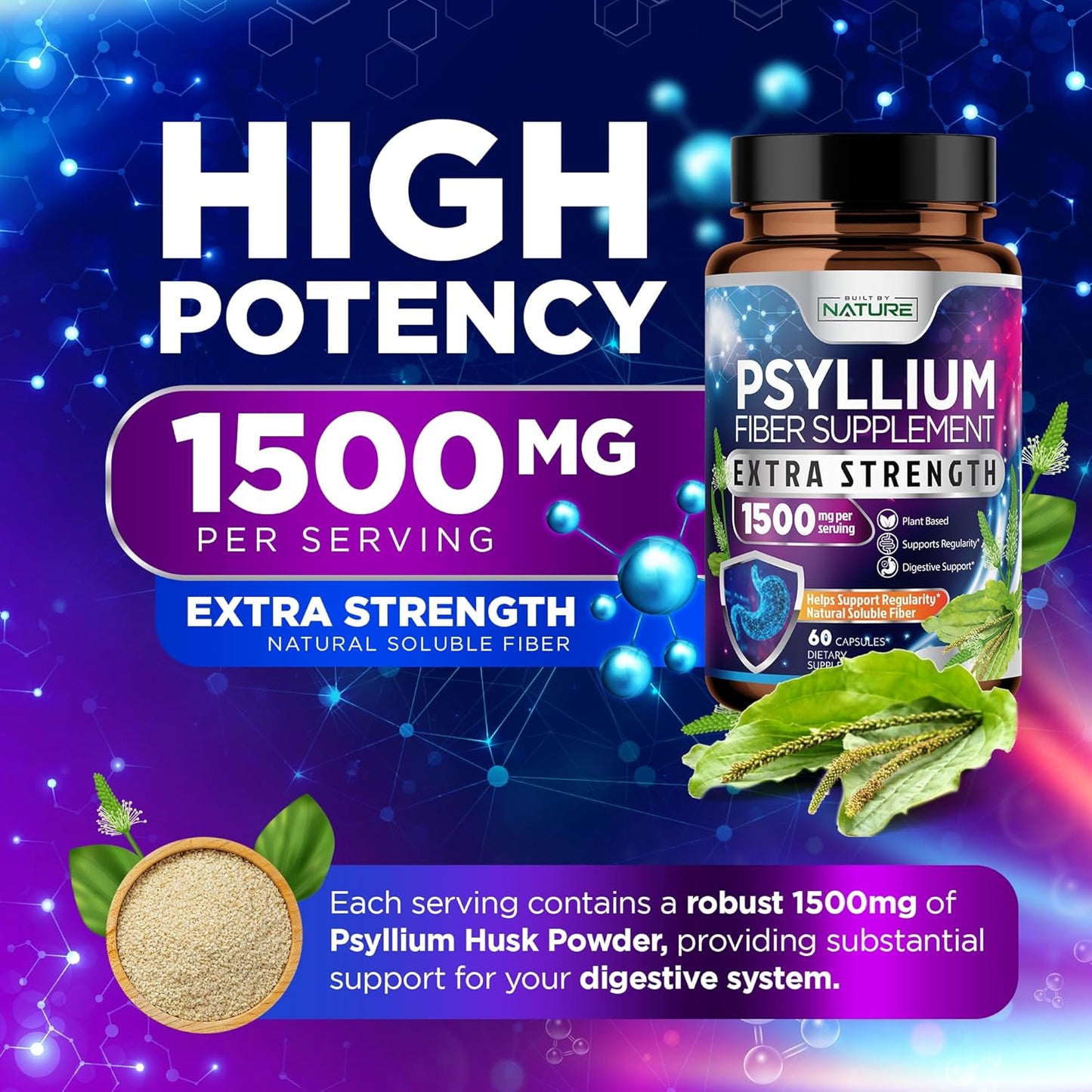 Natural Psyllium Husk Capsules 1500mg - Soluble Fiber Supplement for Digestive Health - Gut and Colon Support - Non-GMO, Gluten-Free, Vegan - 60 Capsules