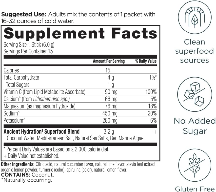 Natural Sea Salt and Red Marine Algae Electrolyte Powder for Rapid Hydration, Lemon Lime Flavor, 15 Servings