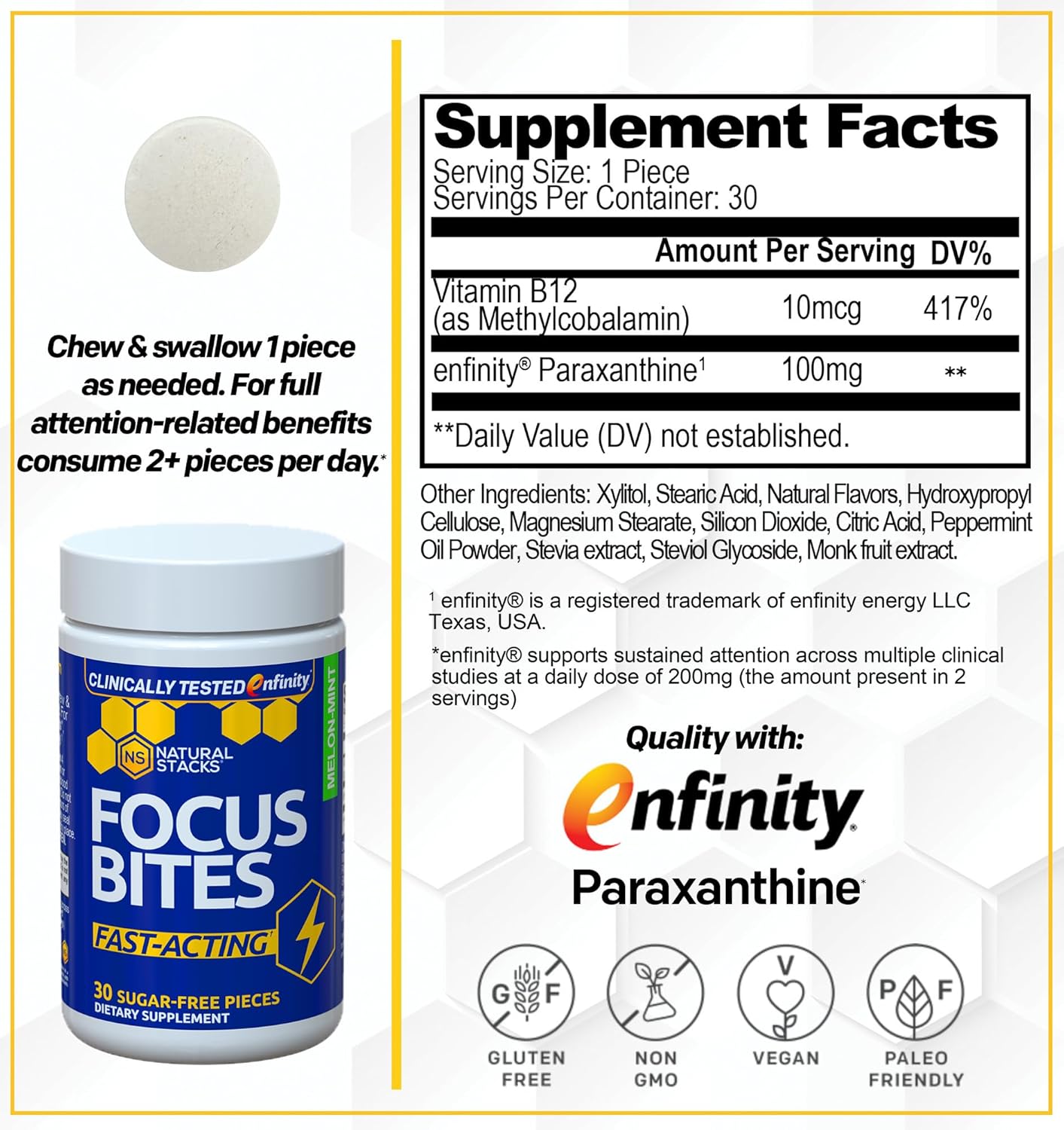 Natural Stacks Focus Bites - Clinically Tested Paraxanthine Supplement for Productivity & Cognition - Caffeine-Free Melon Mint Chewables - 30 Count
