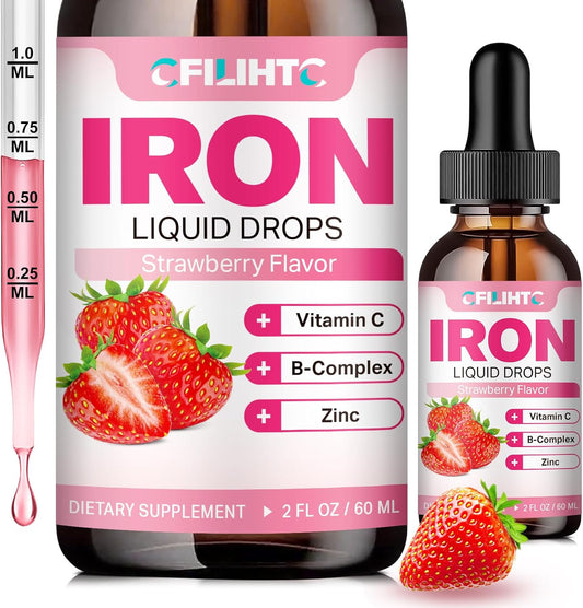 Natural Strawberry Flavored Liquid Iron Supplement with Folate, Vitamin C, B6, B12, Zinc - Vegan Iron Drops for Anemia and Energy - 2 Fl Oz