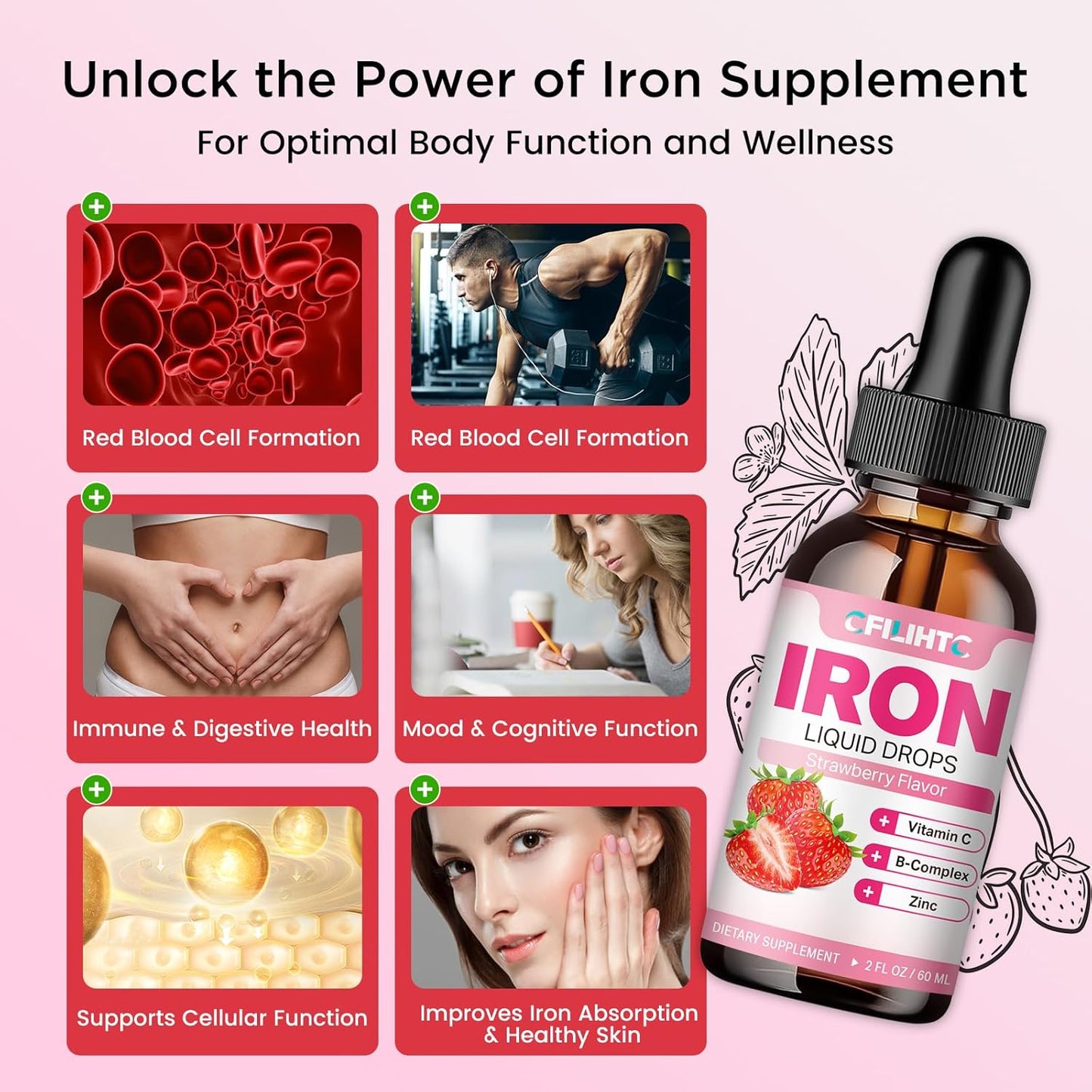 Natural Strawberry Flavored Liquid Iron Supplement with Folate, Vitamin C, B6, B12, and Zinc for Anemia, Iron Deficiency - Vegan Multivitamin Drops for Women, Men, and Kids - 4 Fl Oz