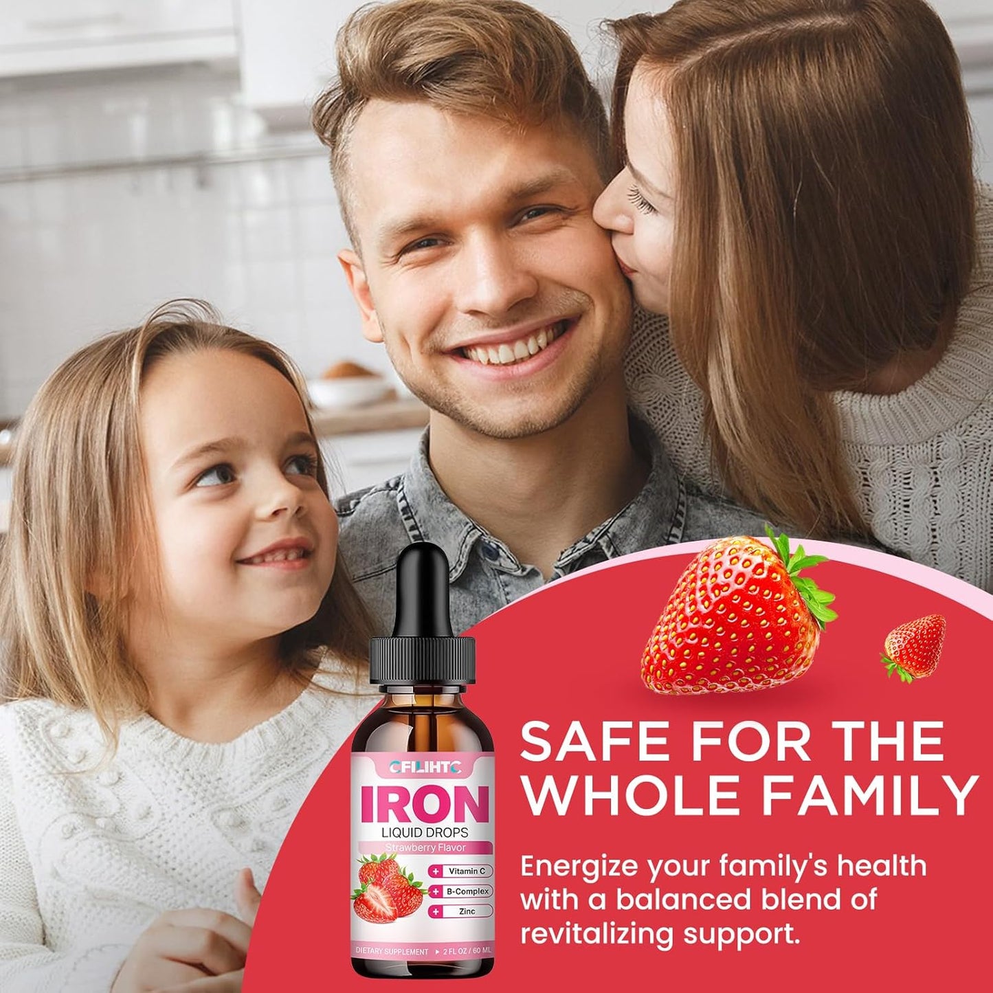 Natural Strawberry Flavored Liquid Iron Supplement with Folate, Vitamin C, B6, B12, and Zinc for Anemia, Iron Deficiency - Vegan Multivitamin Drops for Women, Men, and Kids - 4 Fl Oz