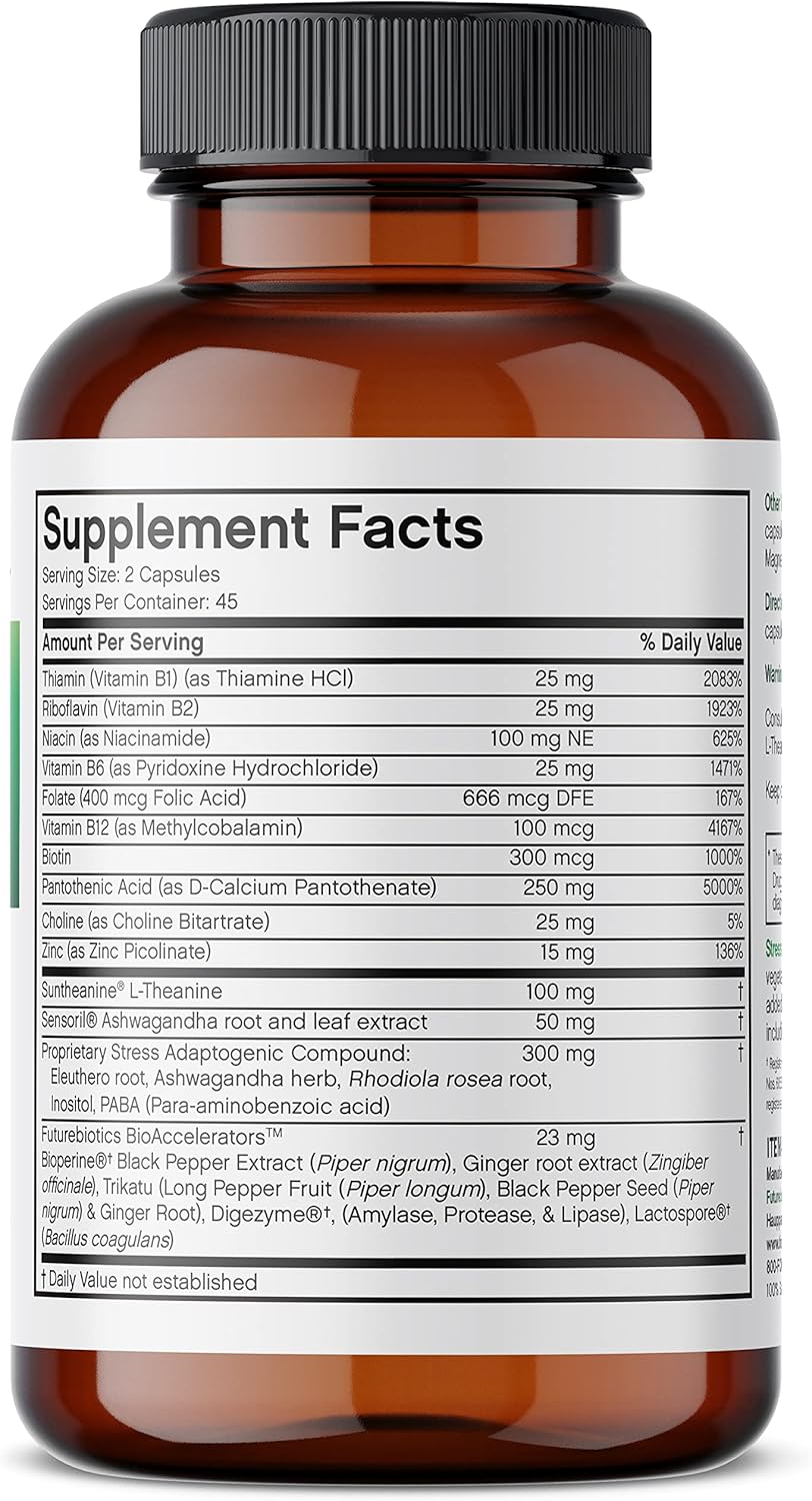 Natural Stress Complex Supplement with L-theanine, Ashwagandha, and Rhodiola Rosea - 90 Vegetarian Capsules by Futurebiotics