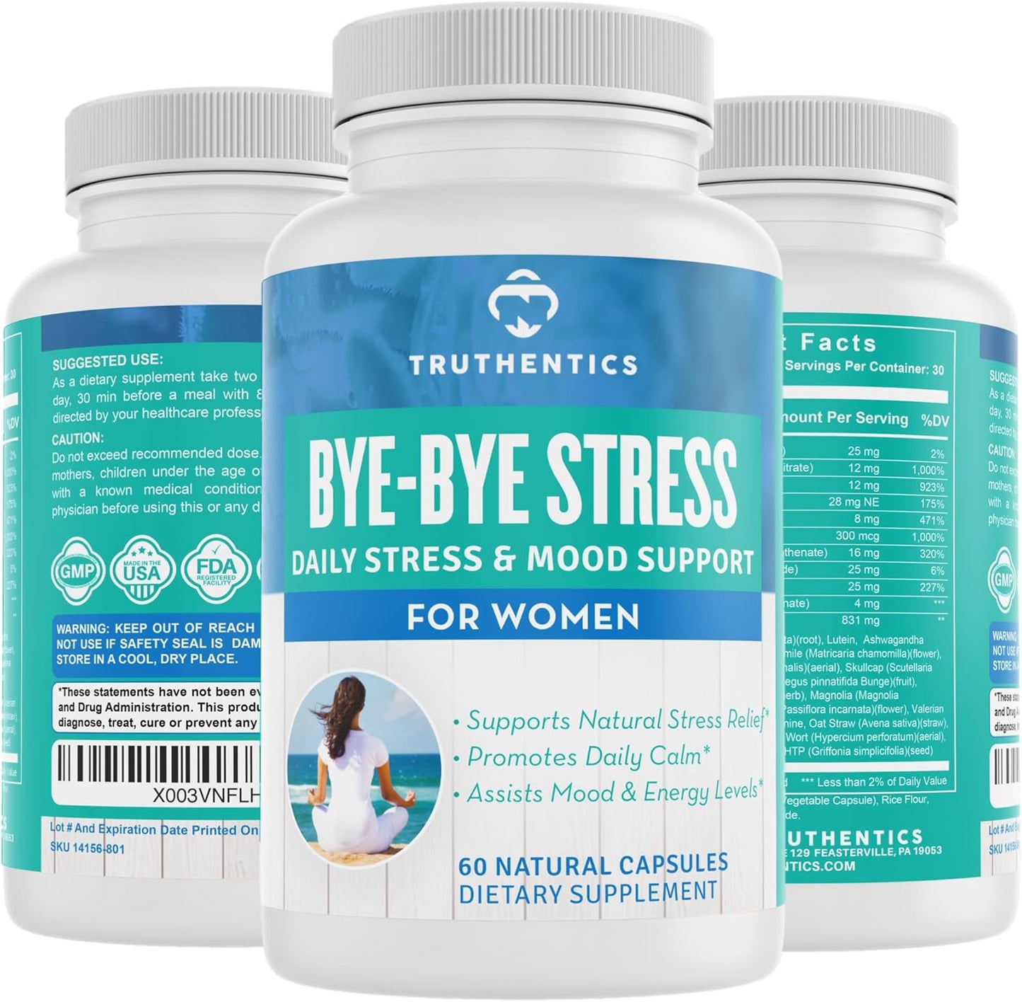 Natural Stress Relief Supplement for Women - Calm, Energy, & Mood Support - Ashwagandha, GABA, Lemon Balm, L-Theanine, Rhodiola, Vitamin B - Vegan - 60 Capsules