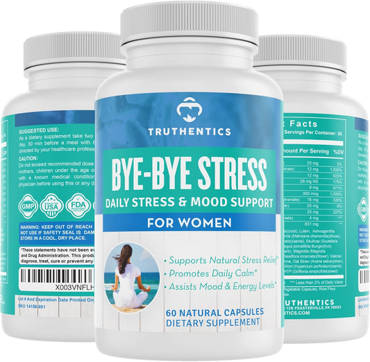 Natural Stress Relief Supplement for Women - Calm, Energy, & Mood Support - Ashwagandha, GABA, Lemon Balm, L-Theanine, Rhodiola, Vitamin B - Vegan - 60 Capsules