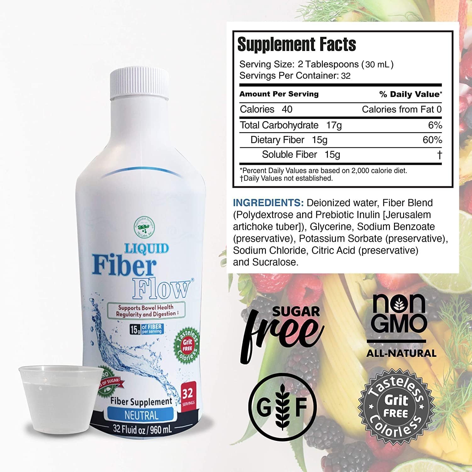 Natural Sugar-Free Prebiotic Inulin Fiber Supplement for Intestinal Balance - Liquid Fiber Flow Drink by Nutritional Designs ND Labs