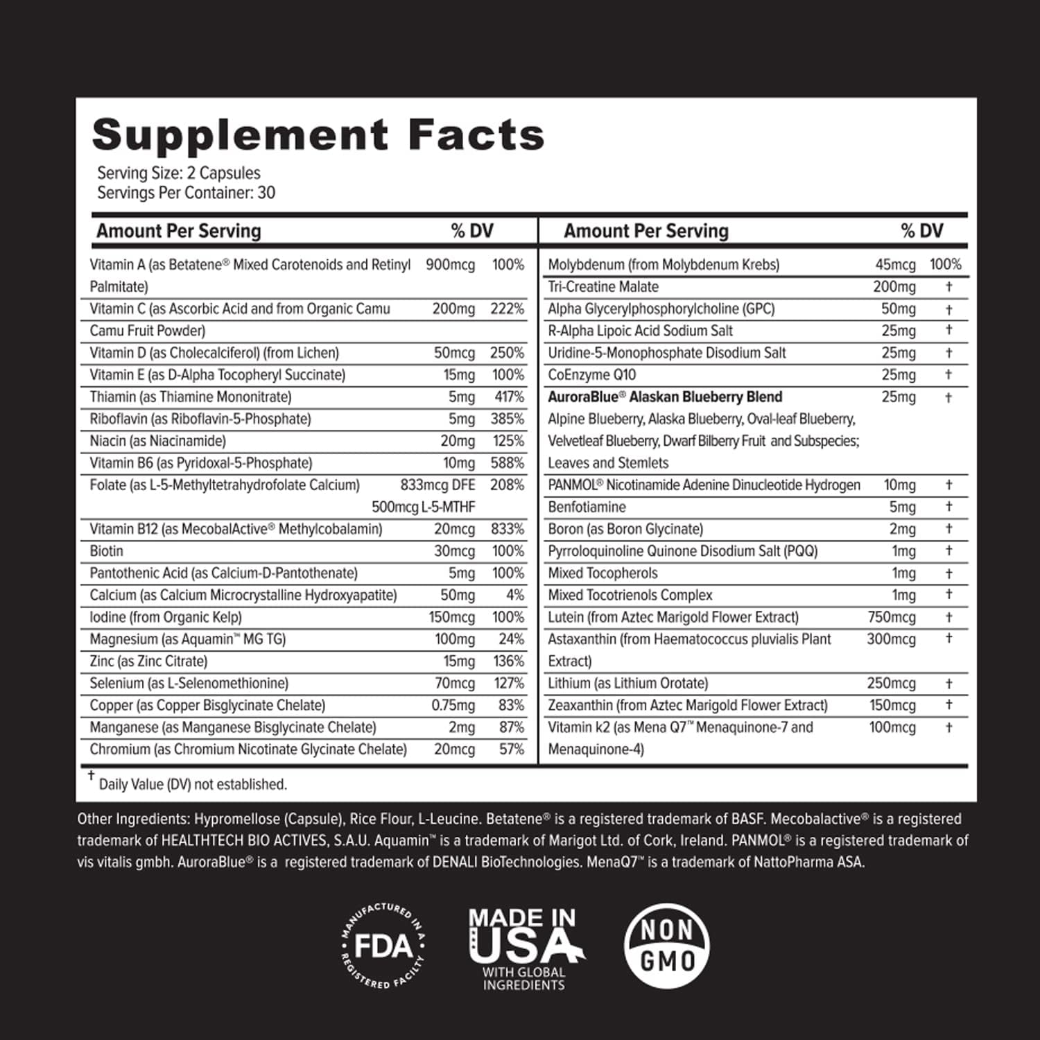 Natural Sugar-Free Whole Food Multivitamins for Adults & Seniors - 2X Daily with Vitamin A, C, D3 - 60 Capsules (30 Servings)