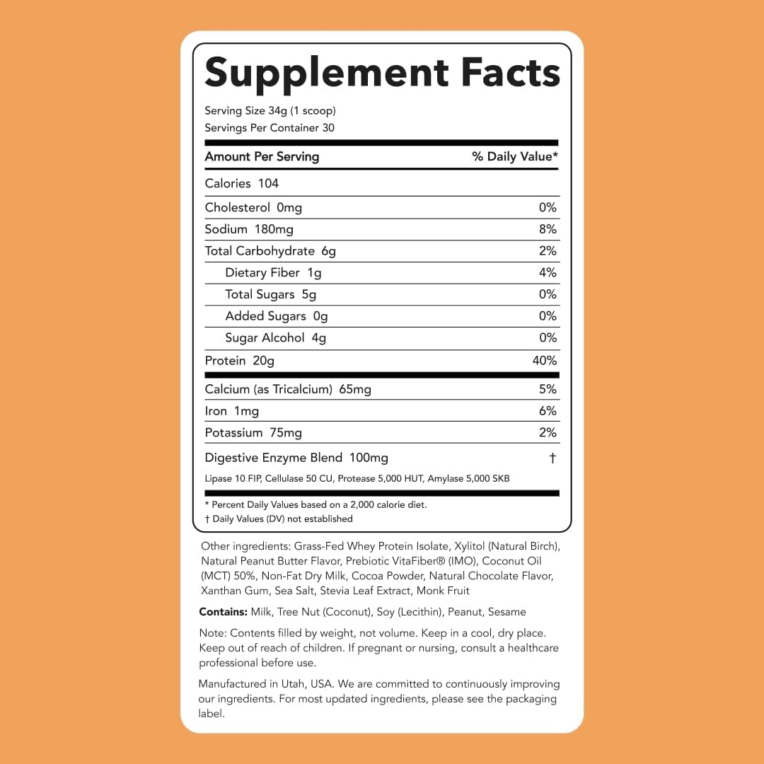 Natural Sweetened Chocolate Peanut Butter Whey Protein Powder, Cold-Processed with 20g Protein - 30 Servings