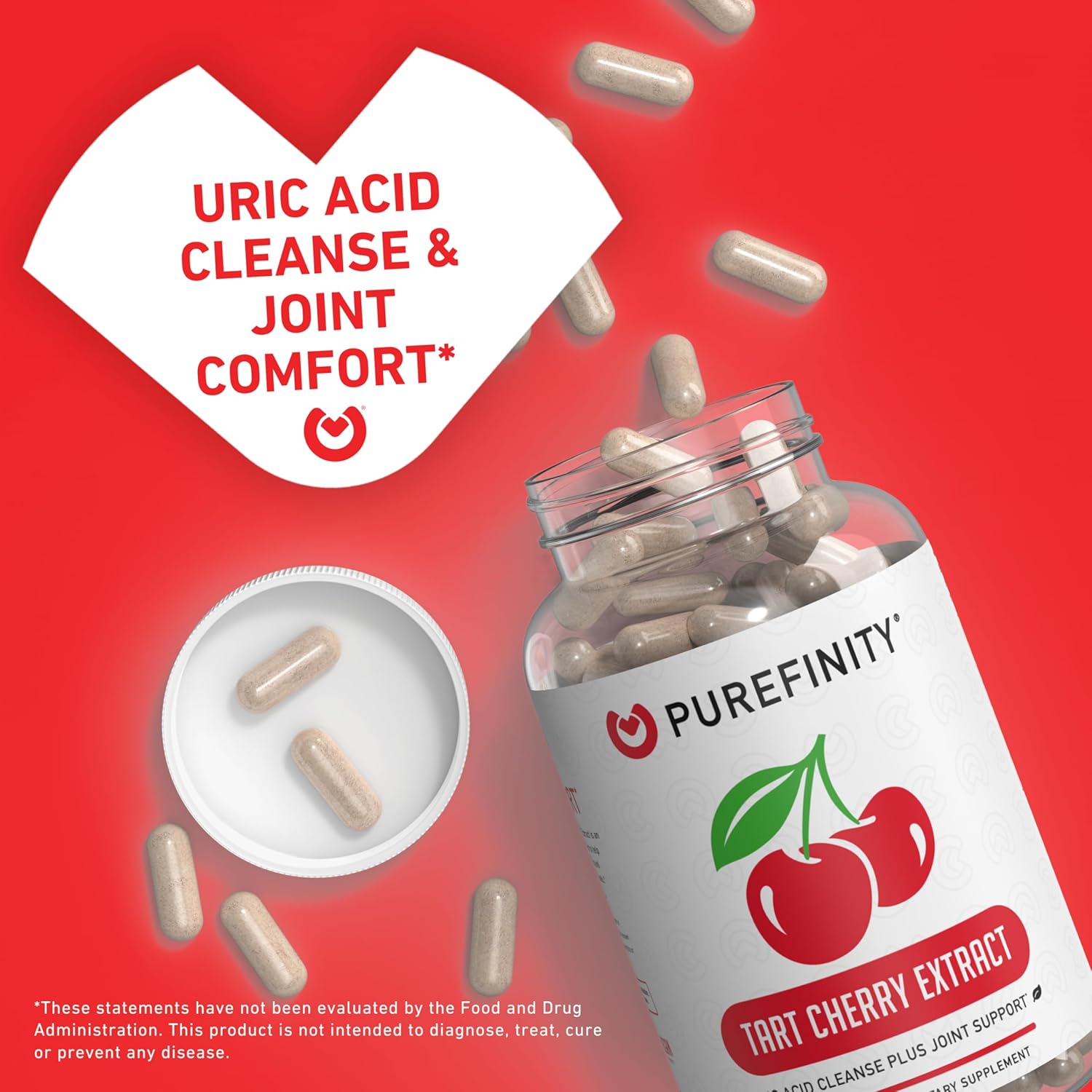 Natural Tart Cherry Capsules for Joint & Muscle Comfort - Uric Acid Flush & Cleanse - Non-GMO, Gluten Free, Vegan - 30 Count