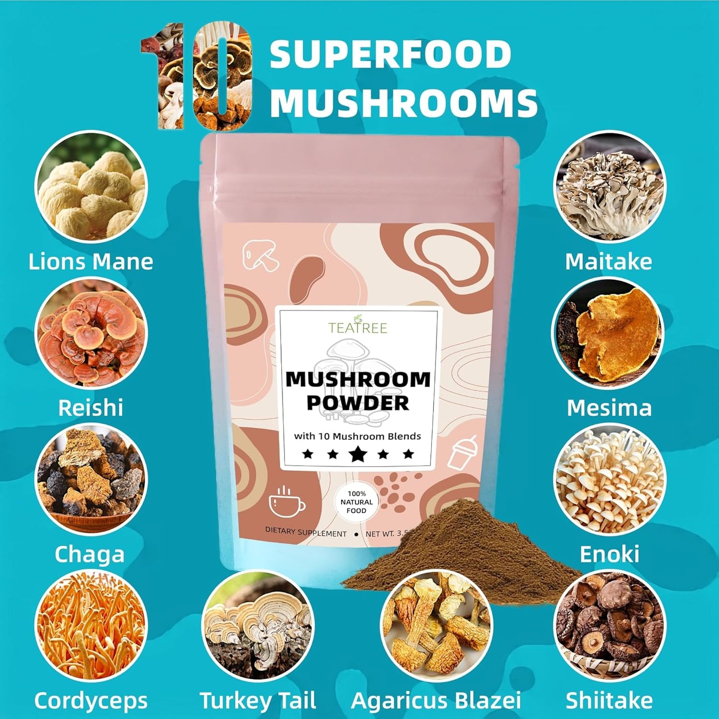 Natural Teatree Mushroom Supplement Powder for Coffee, Beverages & Smoothies - Focus, Energy & Immune Support - 3.53 oz