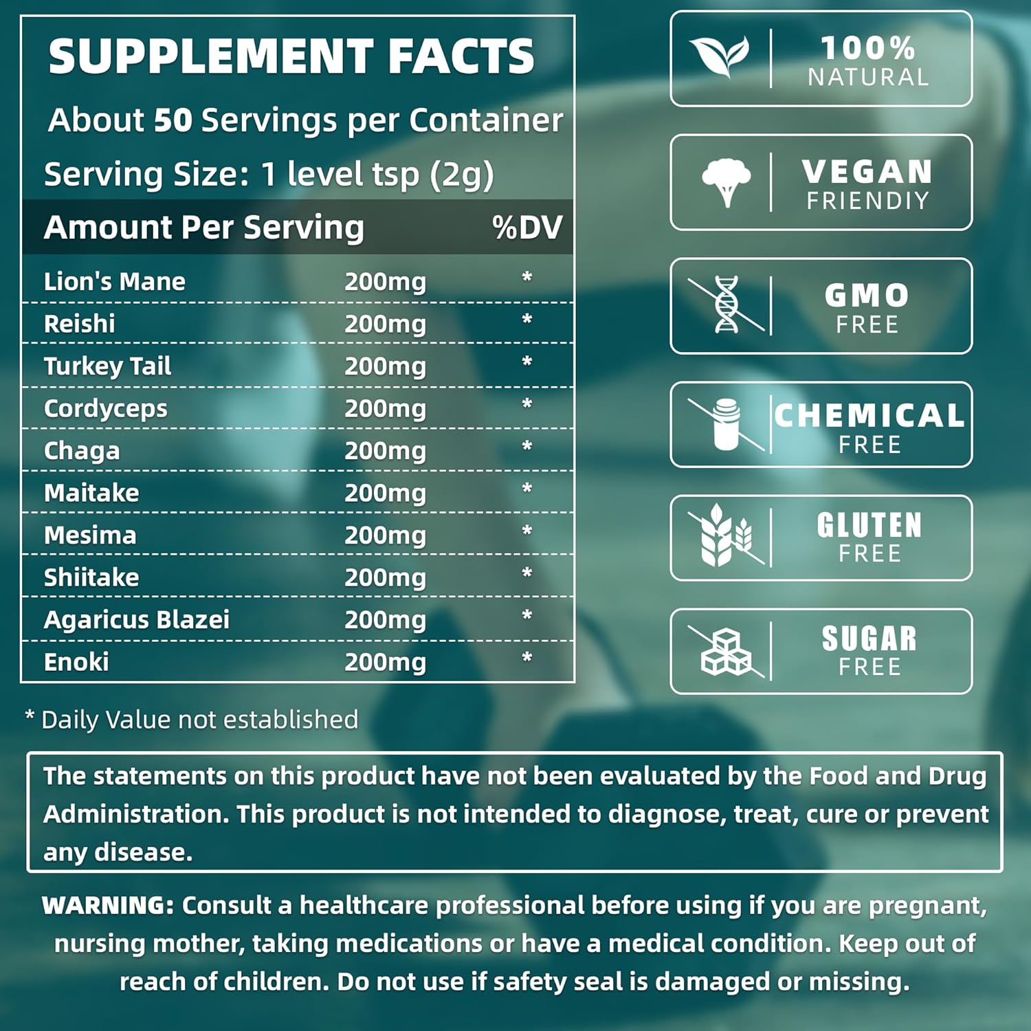 Natural Teatree Mushroom Supplement Powder for Coffee, Beverages & Smoothies - Focus, Energy & Immune Support - 3.53 oz