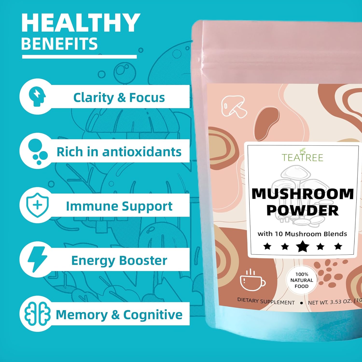 Natural Teatree Mushroom Supplement Powder for Coffee, Beverages & Smoothies - Focus, Energy & Immune Support - 3.53 oz