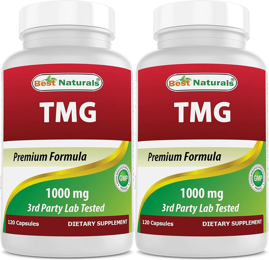 Natural TMG Betaine Anhydrous Supplement - 1000mg, 120 Capsules - Promotes Healthy Homocysteine & Methylation Support - Pack of 2