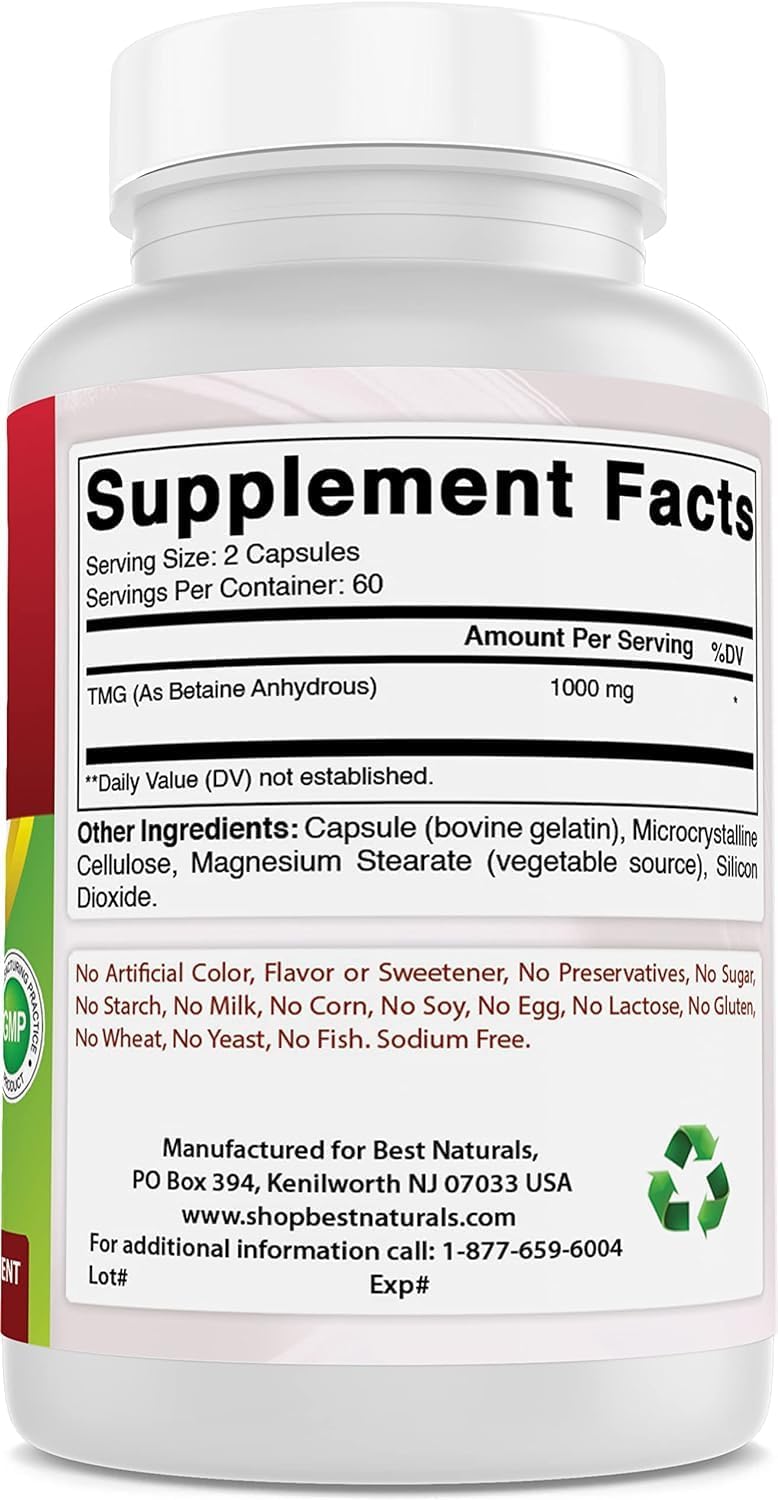 Natural TMG Betaine Anhydrous Supplement - 1000mg, 120 Capsules - Promotes Healthy Homocysteine & Methylation Support - Pack of 2