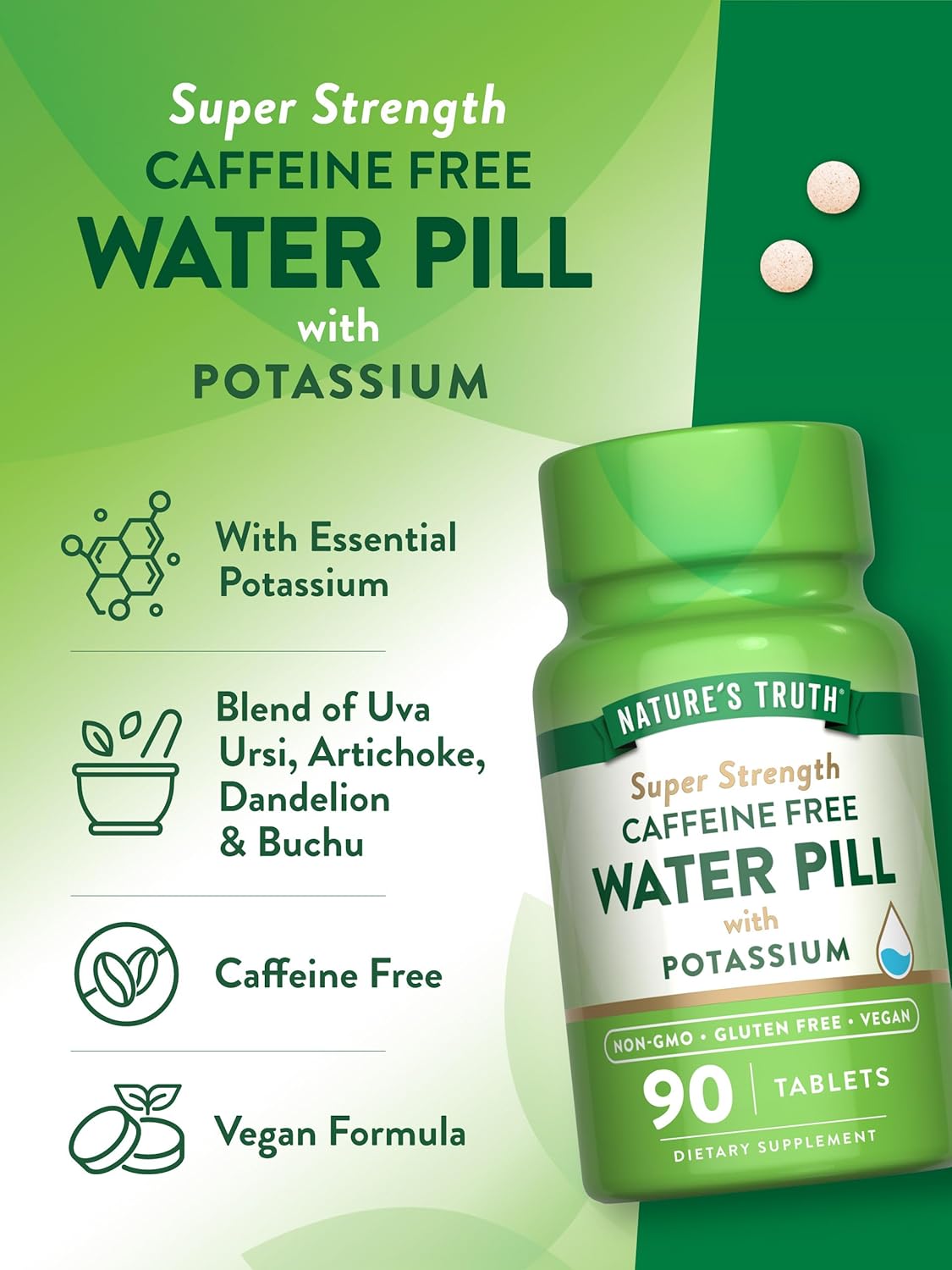 Natural Truth Super Strength Water Pill with Potassium - 90 Count, Caffeine-Free, Vegan, Non-GMO, Gluten-Free