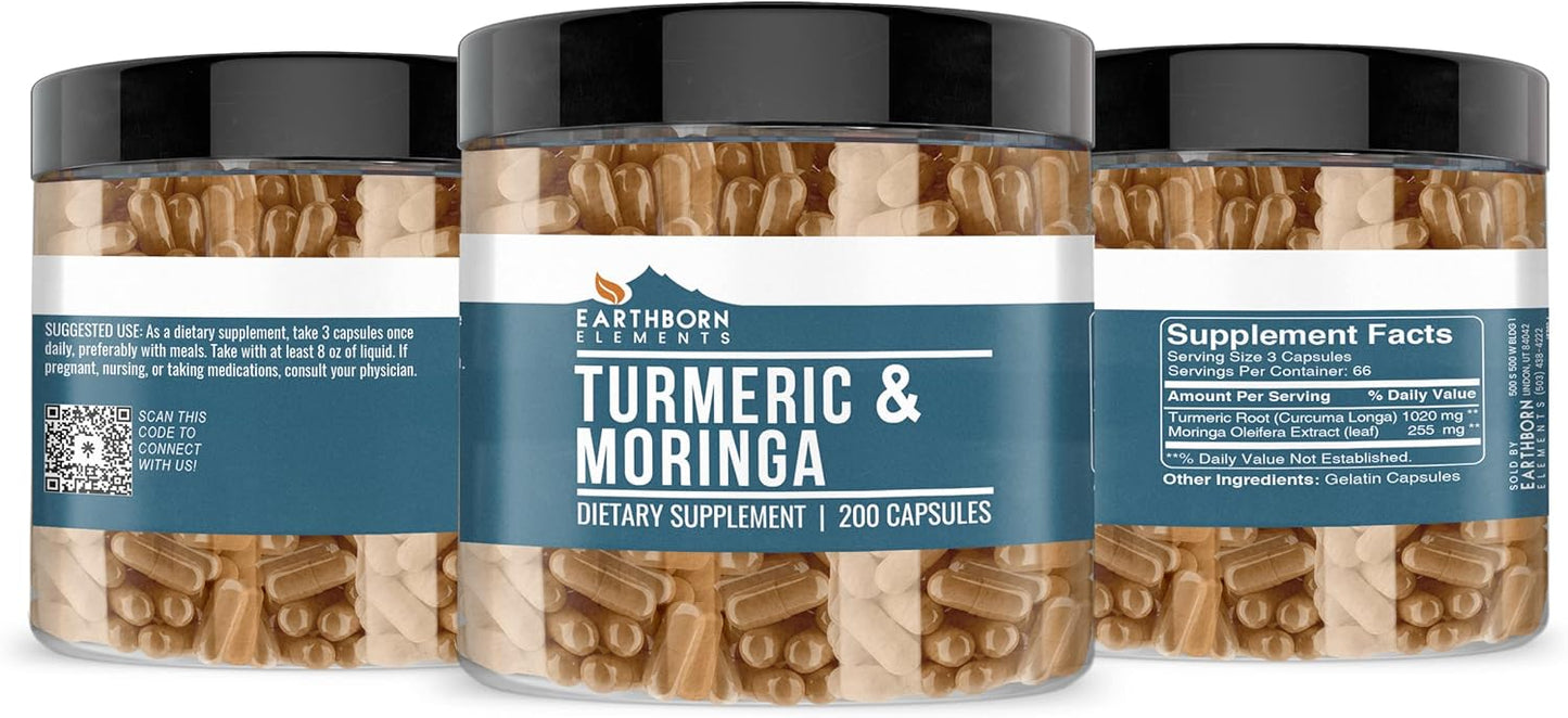 Natural Turmeric and Moringa Capsules - 200 Count, Additive-Free and Pure