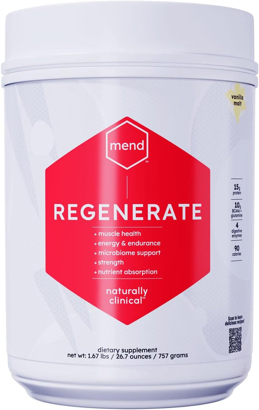 Natural Vanilla Protein Powder for Post Workout Recovery - MEND Regenerate Sports Nutrition Supplement, Immune Support, Gluten Free, Non-GMO - 20 Servings for Men and Women