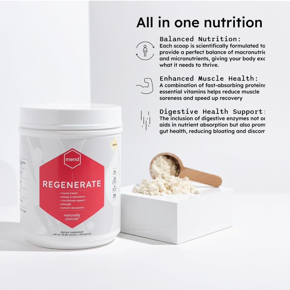 Natural Vanilla Protein Powder for Post Workout Recovery - MEND Regenerate Sports Nutrition Supplement, Immune Support, Gluten Free, Non-GMO - 20 Servings for Men and Women