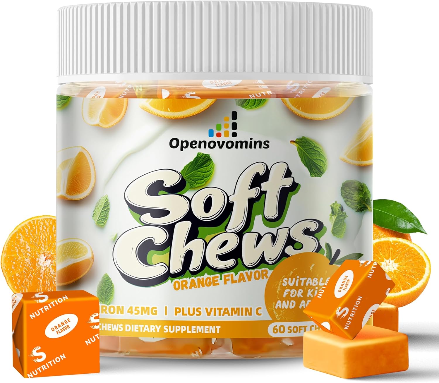 Natural Vegan Iron Supplement Chews with Vitamin C for Energy Support - 60 Orange Soft Chews for Women, Men, and Kids - Includes Vitamin B6, B12, D, Calcium, and Zinc - 2 Month Supply