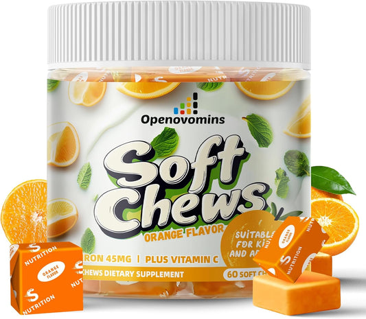 Natural Vegan Iron Supplement Chews with Vitamin C for Energy Support - 60 Orange Soft Chews for Women, Men, and Kids - Includes Vitamin B6, B12, D, Calcium, and Zinc - 2 Month Supply