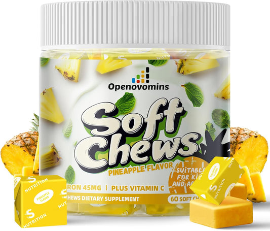 Natural Vegan Iron Supplement Chews with Vitamin C for Energy Support - Pineapple SoftChews for Women Men Kids - 60 Soft Chews, 2 Month Supply