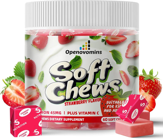 Natural Vegan Iron Supplement Chews with Vitamin C for Energy Support - 60 Strawberry SoftChews, 2 Month Supply for Women, Men, and Kids