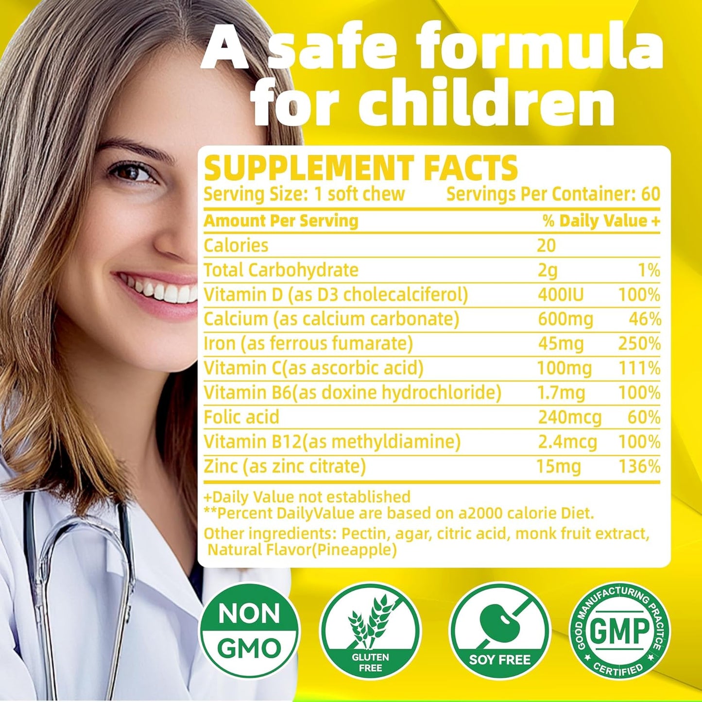 Natural Vegan Iron Supplement Chews with Vitamin C for Energy Support - Pineapple SoftChews for Women Men Kids - 60 Soft Chews, 2 Month Supply