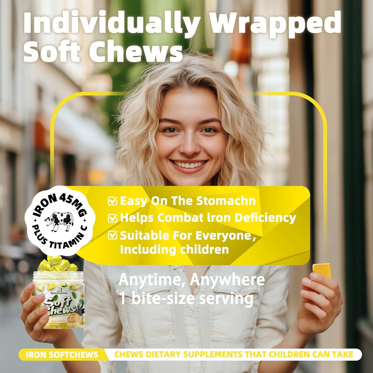 Natural Vegan Iron Supplement Chews with Vitamin C for Energy Support - Pineapple SoftChews for Women Men Kids - 60 Soft Chews, 2 Month Supply