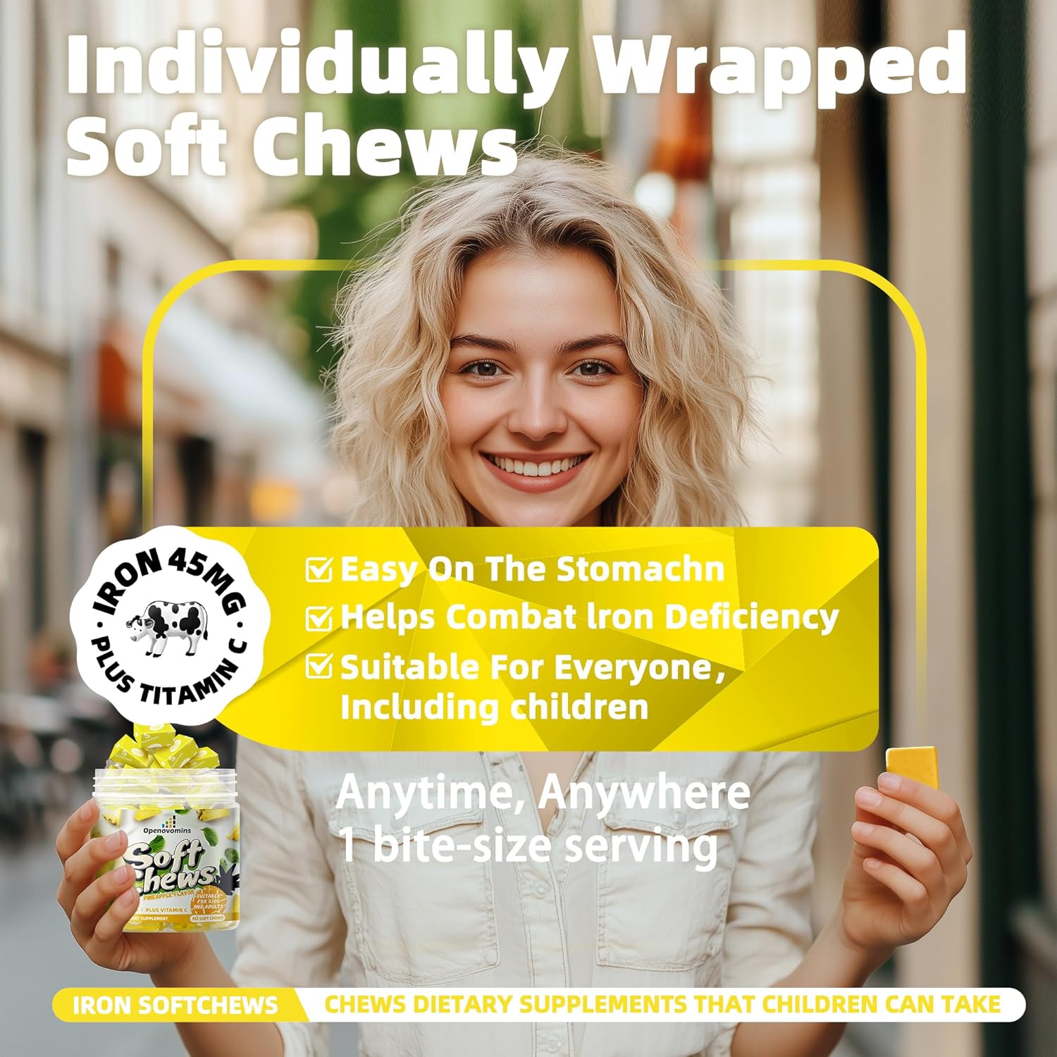 Natural Vegan Iron Supplement Chews with Vitamin C for Energy Support - Pineapple SoftChews for Women Men Kids - 60 Soft Chews, 2 Month Supply