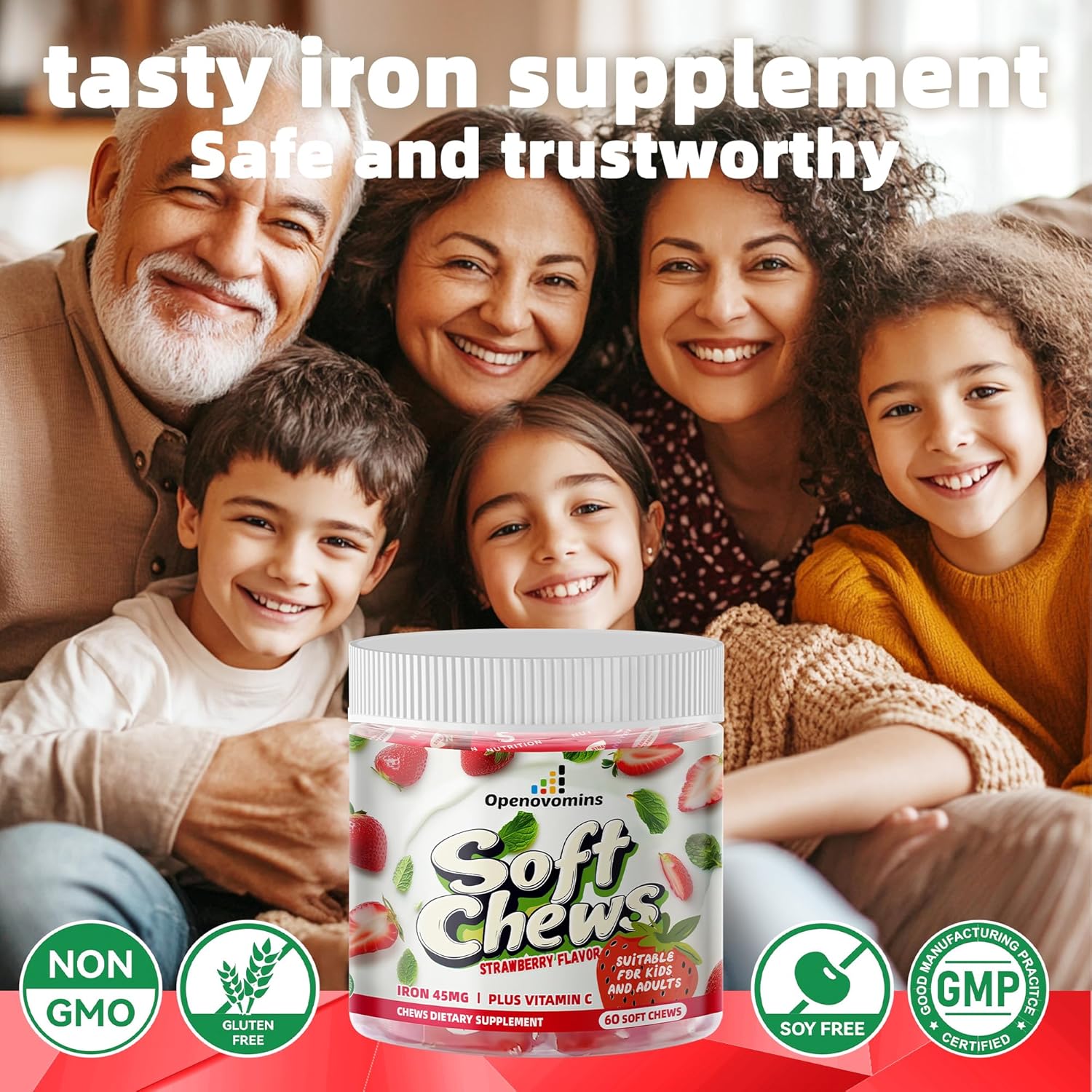 Natural Vegan Iron Supplement Chews with Vitamin C for Energy Support - 60 Strawberry SoftChews, 2 Month Supply for Women, Men, and Kids