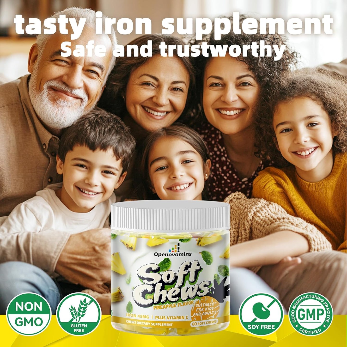 Natural Vegan Iron Supplement Chews with Vitamin C for Energy Support - Pineapple SoftChews for Women Men Kids - 60 Soft Chews, 2 Month Supply