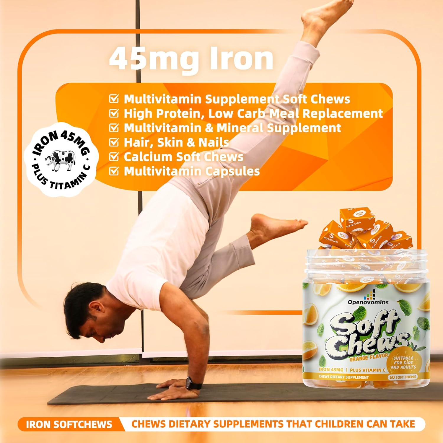 Natural Vegan Iron Supplement Chews with Vitamin C for Energy Support - 60 Orange Soft Chews for Women, Men, and Kids - Includes Vitamin B6, B12, D, Calcium, and Zinc - 2 Month Supply