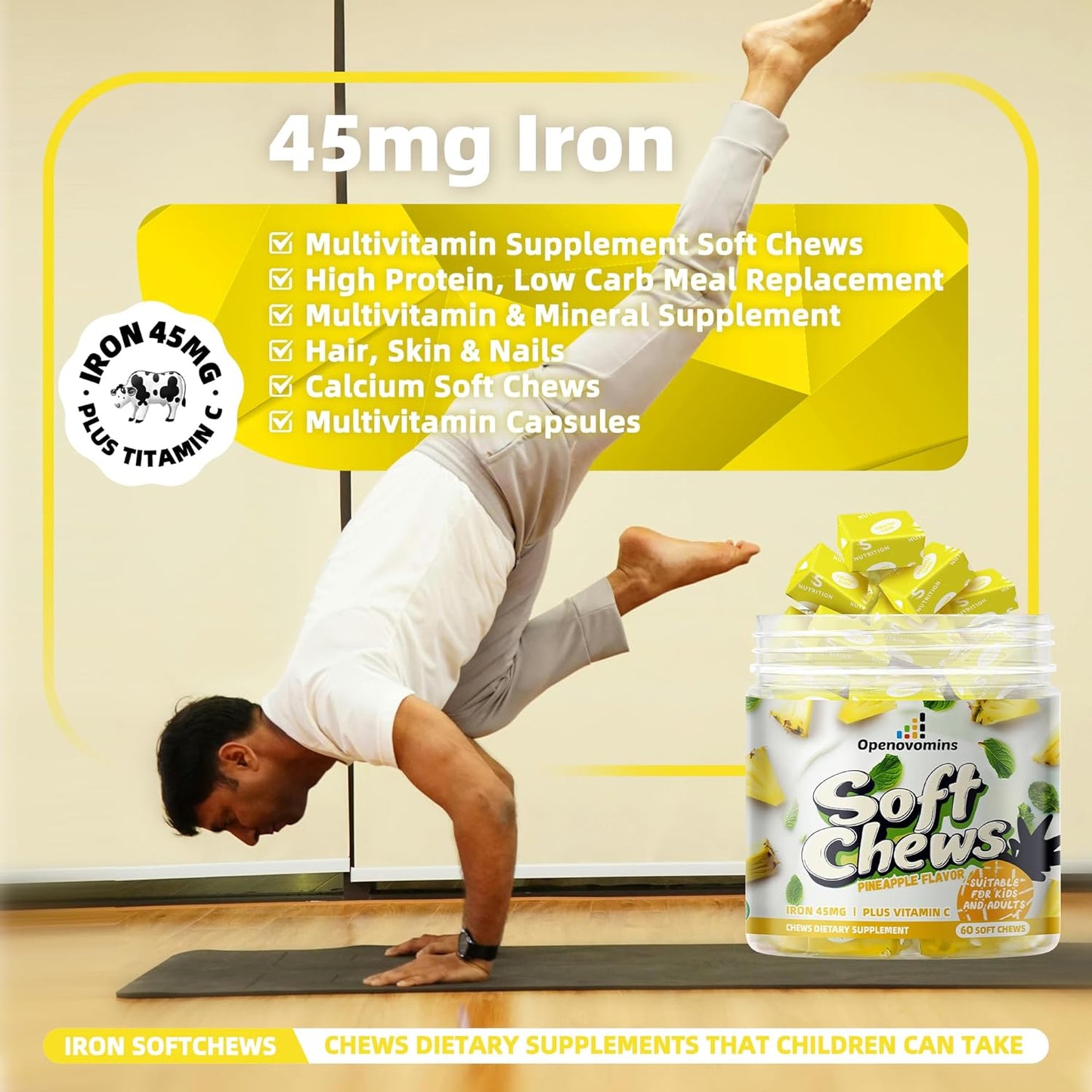 Natural Vegan Iron Supplement Chews with Vitamin C for Energy Support - Pineapple SoftChews for Women Men Kids - 60 Soft Chews, 2 Month Supply
