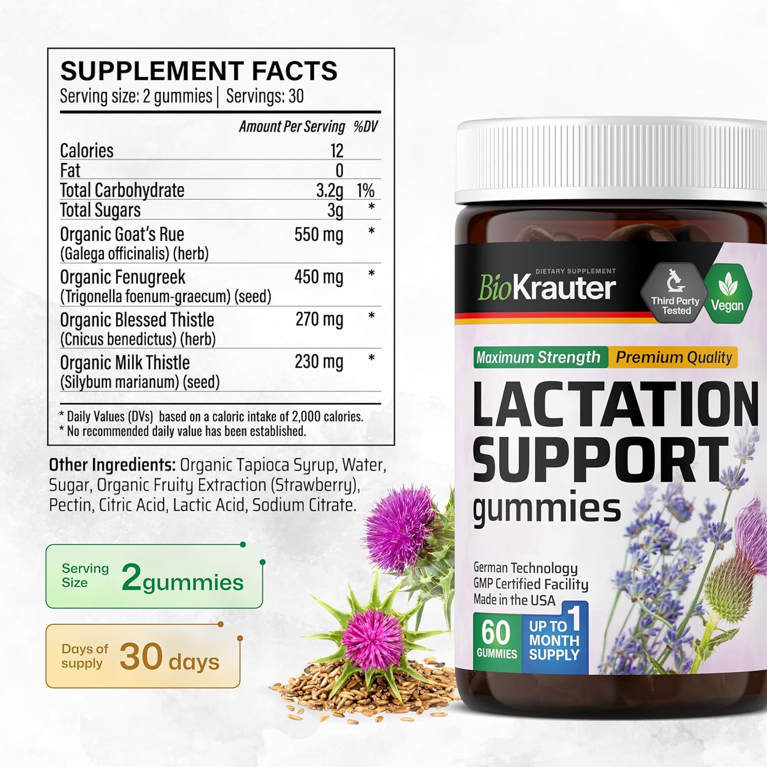 Natural Vegan Lactation Support Gummies - 60 Chews - Goats Rue, Fenugreek, Milk Thistle Extracts - Breastfeeding Supplement