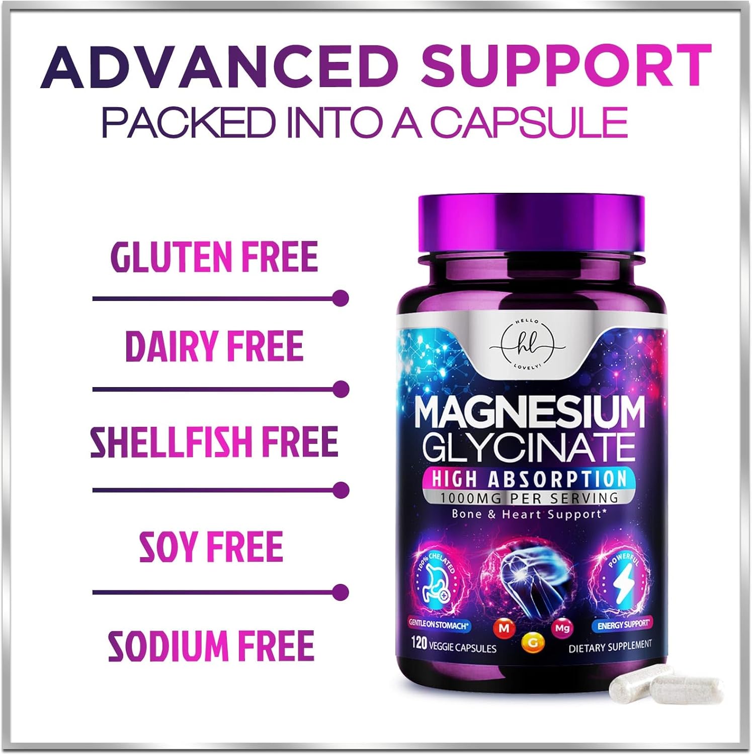 Natural Vegan Magnesium Glycinate Supplement - 140mg Magnesium for Muscle, Nerve, Bone & Heart Health - High Absorption Chelated Formula - 120 Capsules for Women & Men